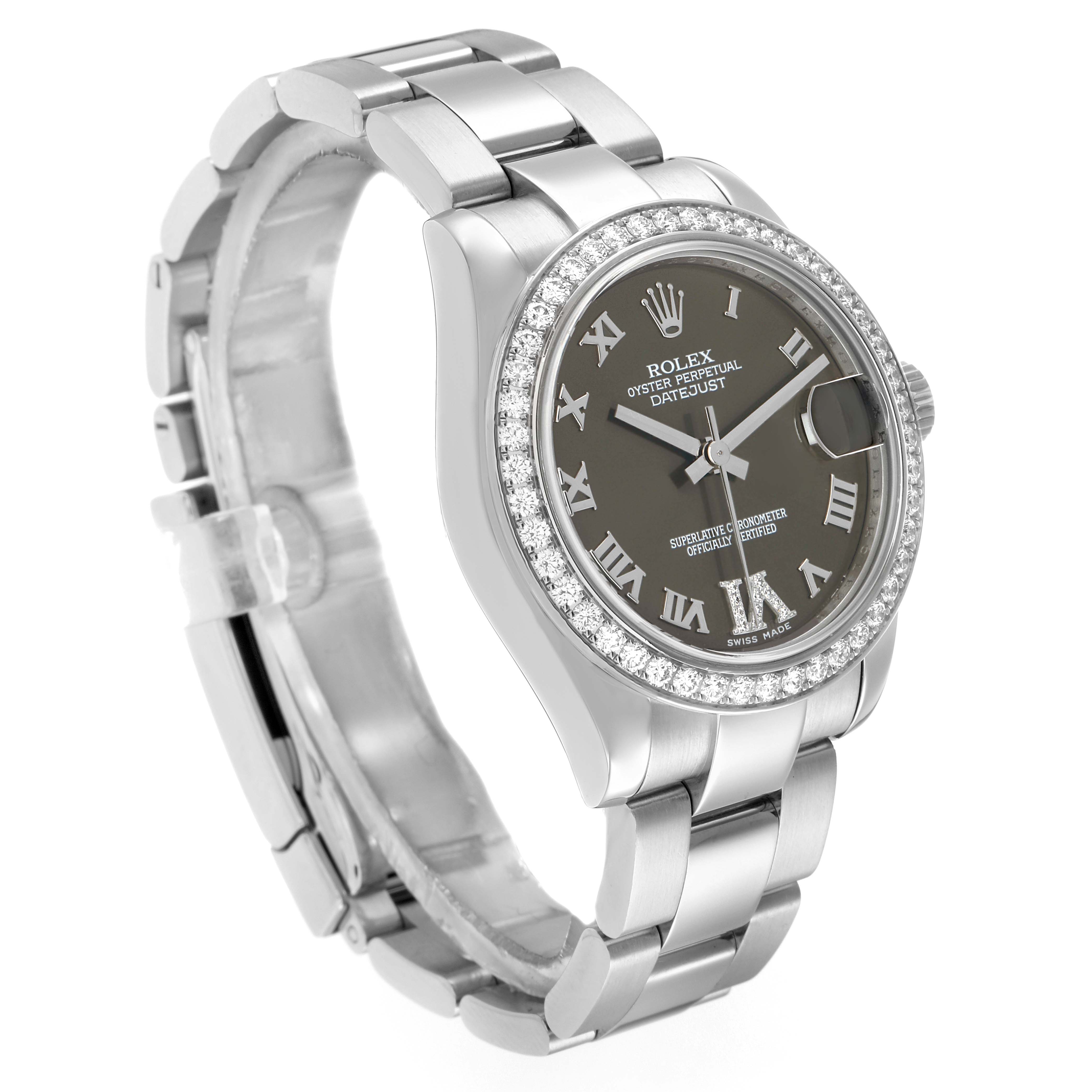 The Rolex Mid-Size 178384 Women
s Stainless Steel Brown Dial watch is shown at a three-quarter angle, displaying the face, bezel, and part of the band.