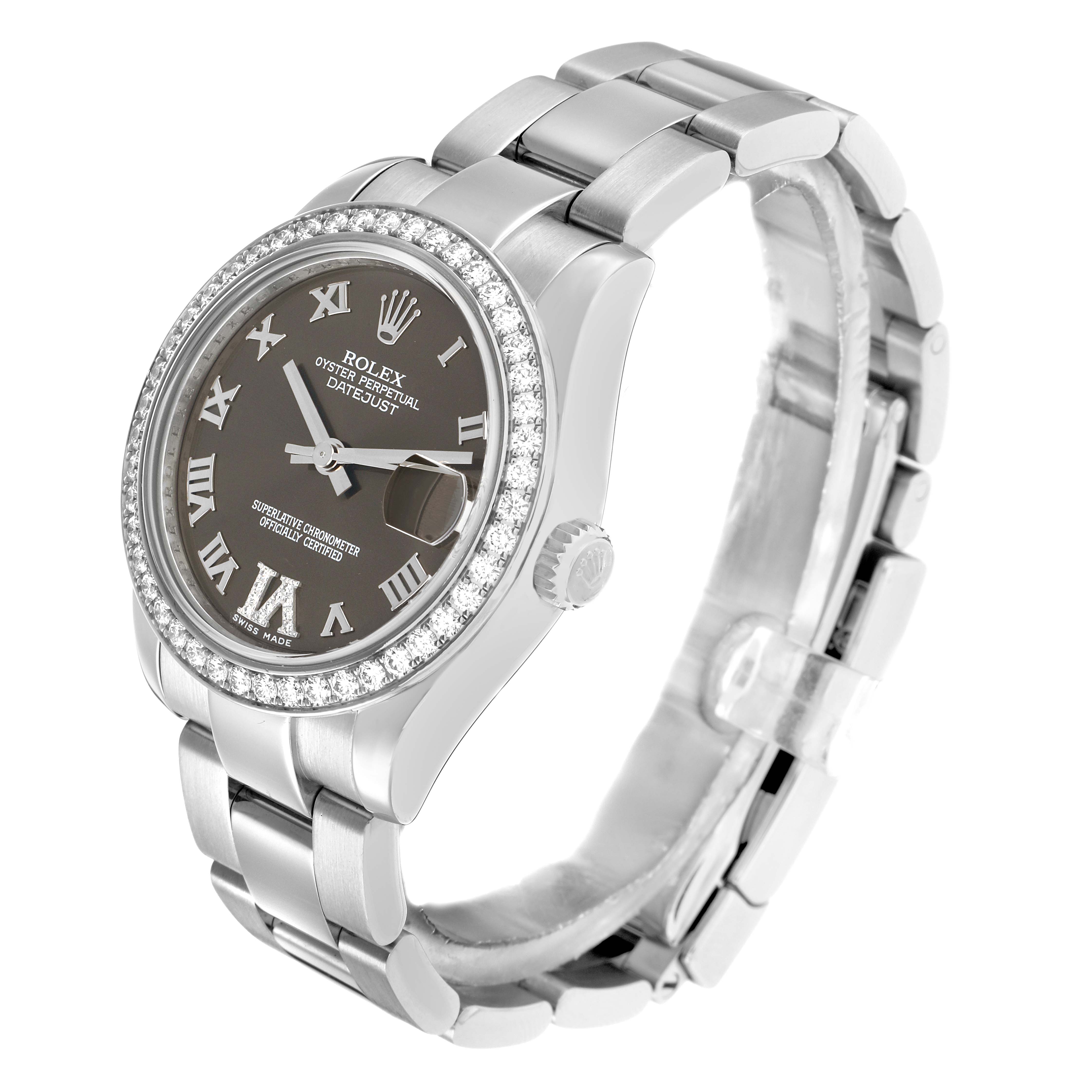 The image shows a Rolex Datejust Mid-Size watch at a slight side angle, highlighting the face, bezel, and bracelet.