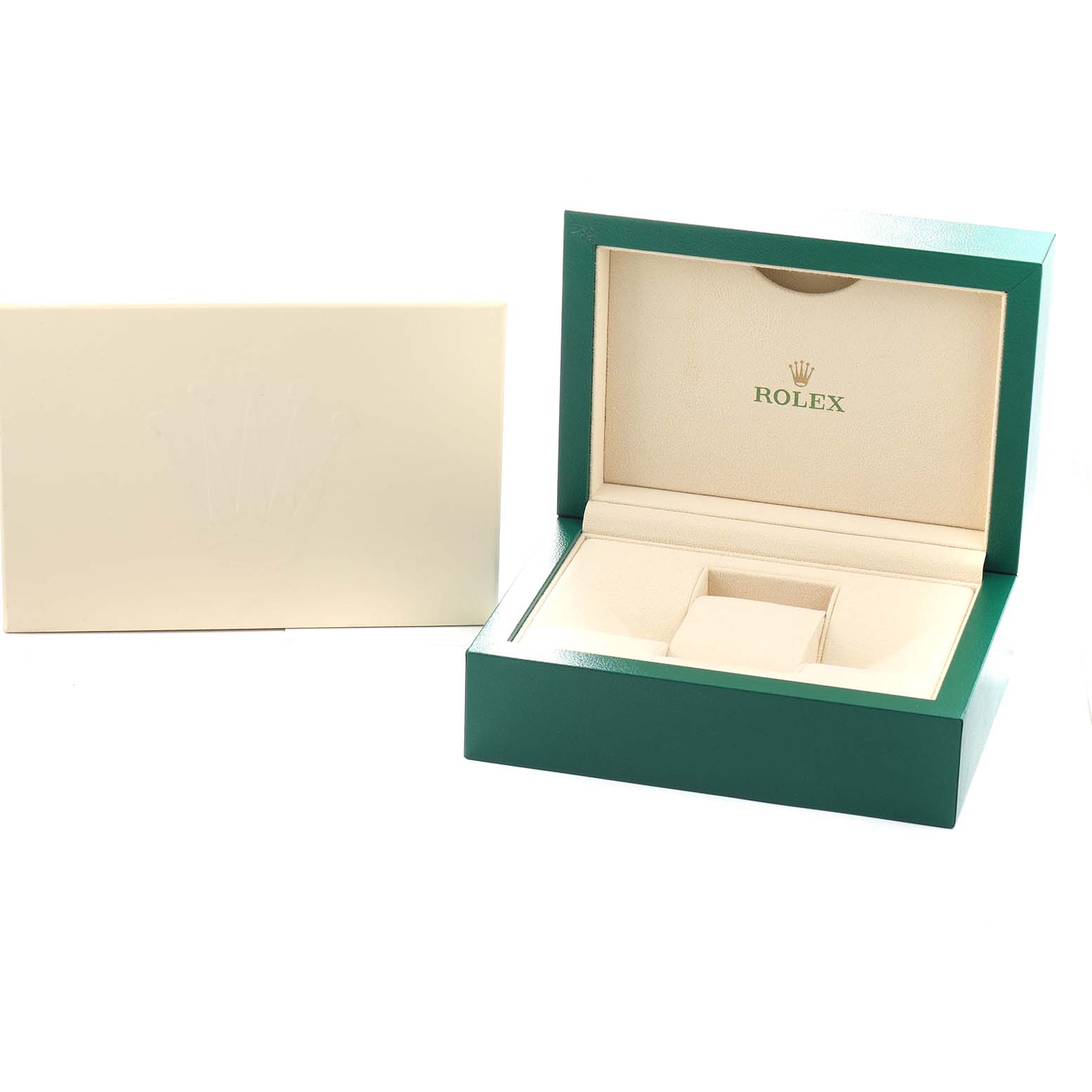 The image shows an open Rolex Mid-Size 178384 Women
s Stainless Steel Brown Dial watch box at an angle, highlighting the interior and the logo.