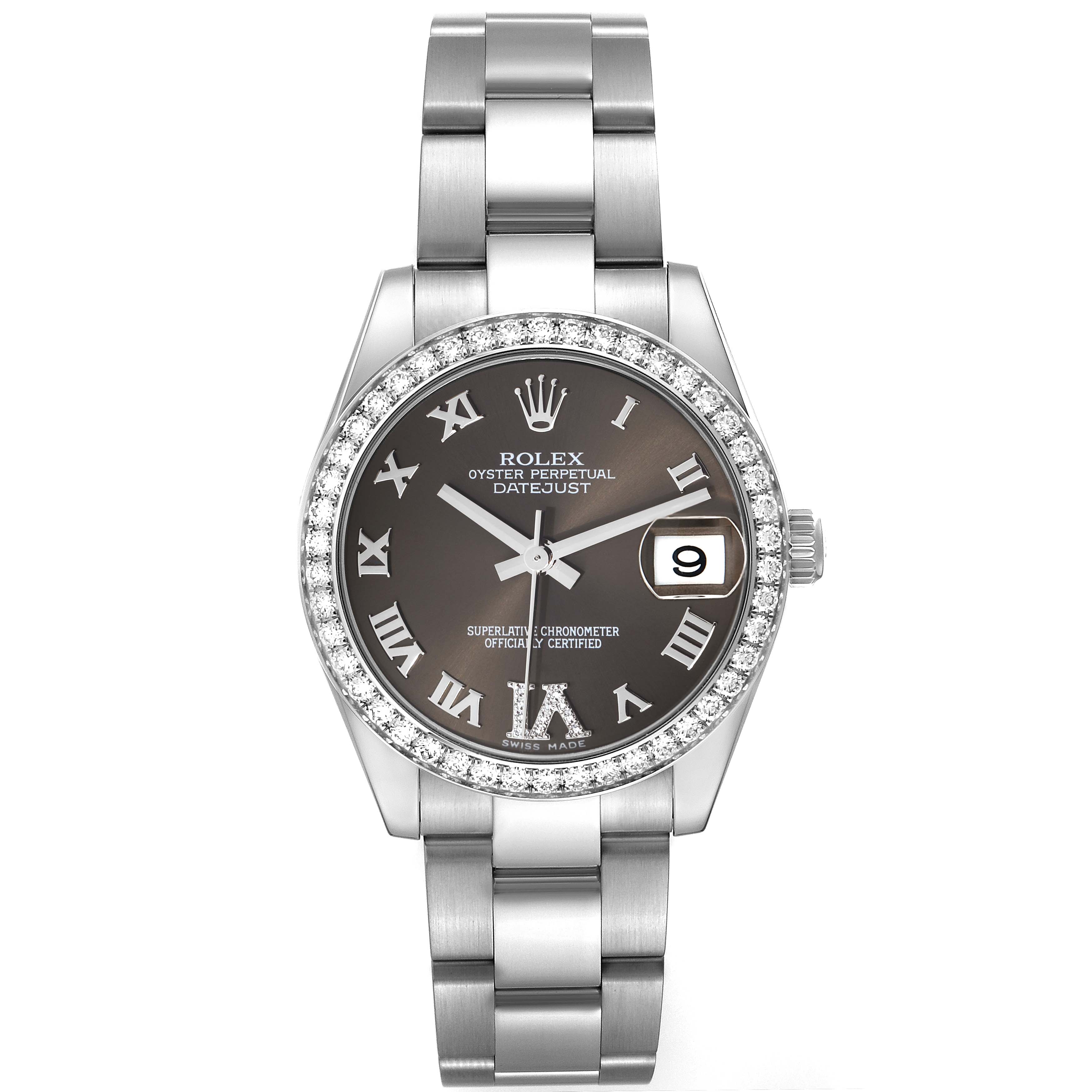 The Rolex watch is shown from a top-down angle, highlighting the dial, bezel, and bracelet of the mid-size Datejust model.