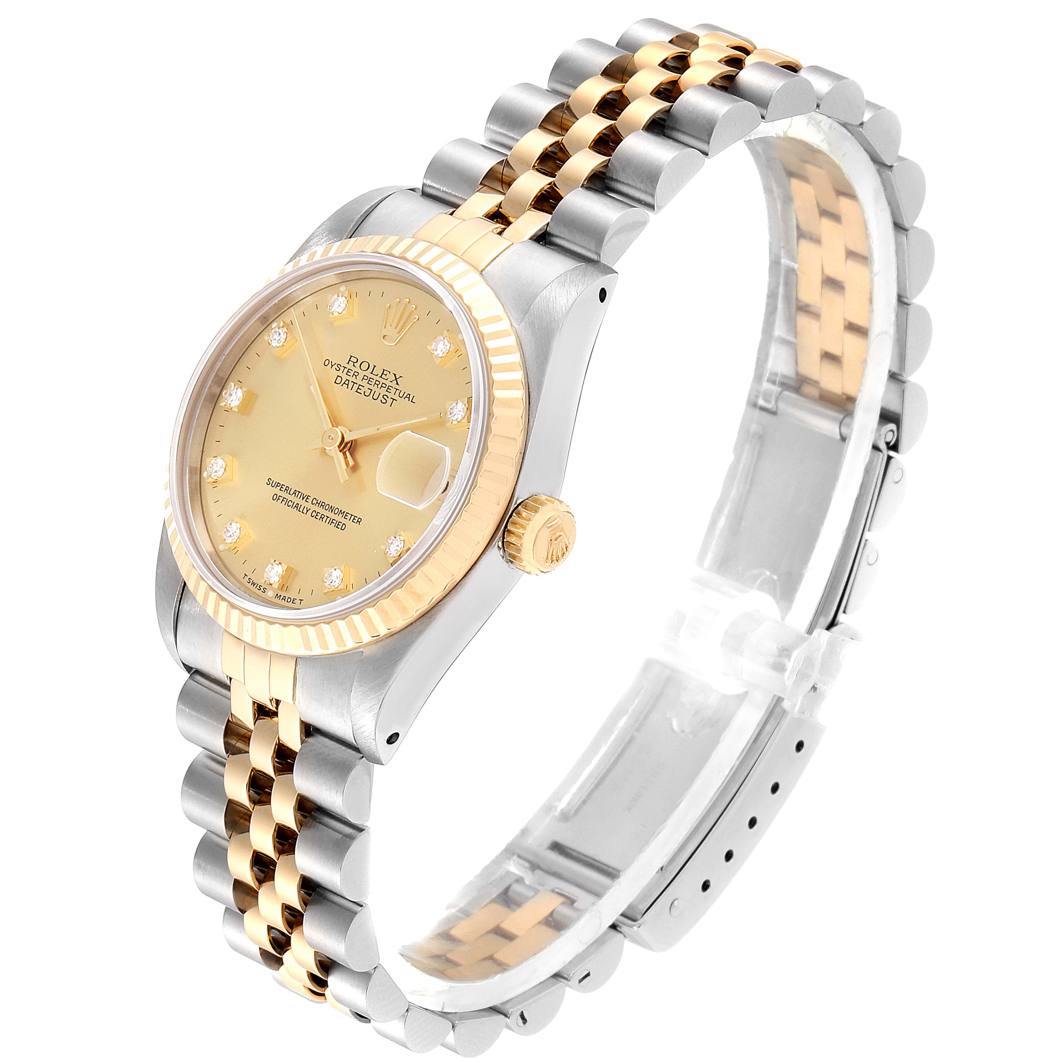 The Rolex Mid-Size 68273 Women
s Steel and Gold (two tone) Champagne Dial 68273 Women
s Steel and Gold (two tone) Champagne Dial model is shown at a three-quarter angle, highlighting its gold and silver two-tone bracelet and face.