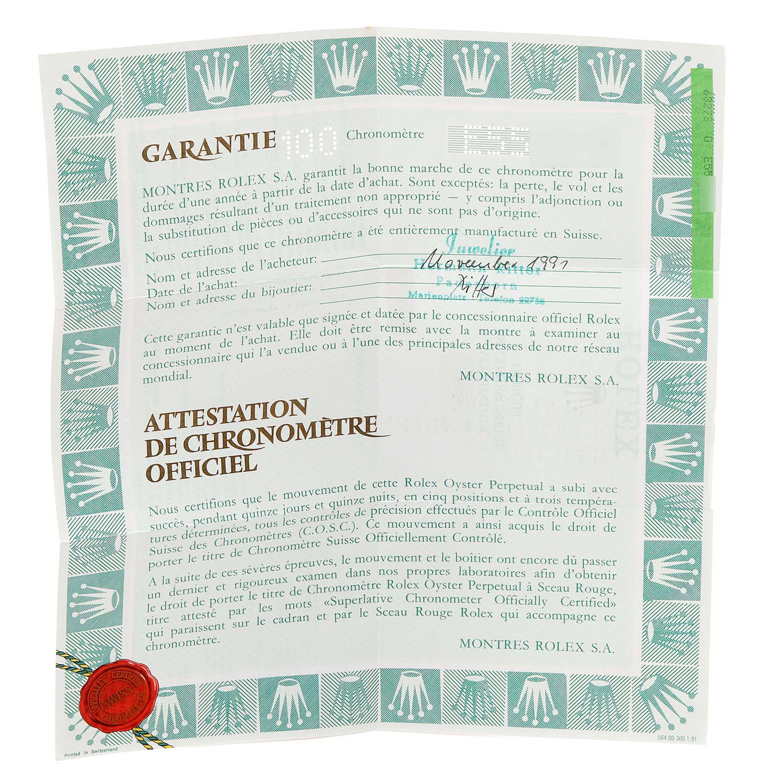 The image shows the warranty and official chronometer certificate for a Rolex Mid-Size 68273 Women
s Steel and Gold (two tone) Champagne Dial 68273 Women
s Steel and Gold (two tone) Champagne Dial model, depicted from a top-down angle.