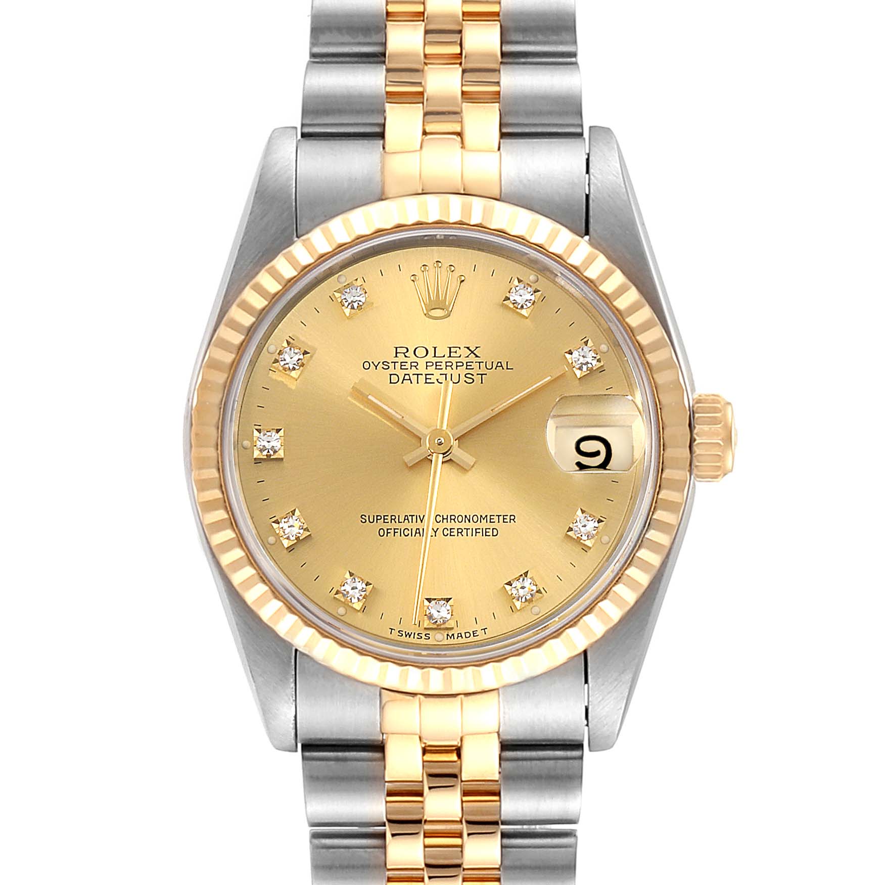 This image shows the front view of a Rolex Mid-Size 68273 Women
s Steel and Gold (two tone) Champagne Dial 68273 Women
s Steel and Gold (two tone) Champagne Dial Oyster Perpetual Datejust watch with a gold bezel and two-tone bracelet.