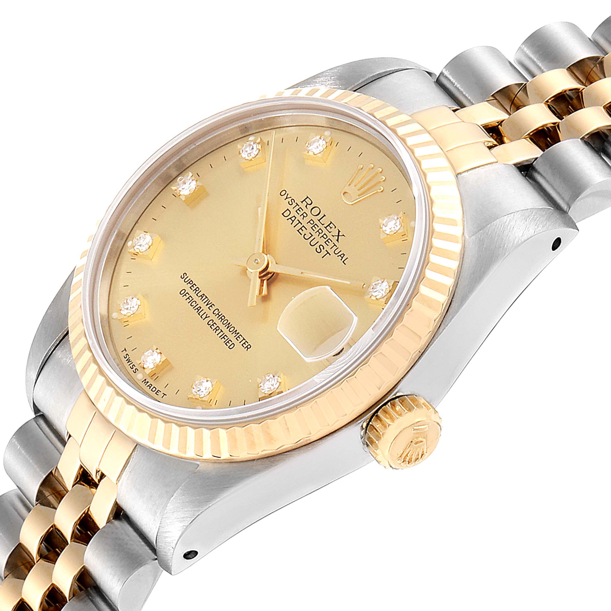 The image shows a side view of a Rolex Datejust Mid-Size watch, highlighting the dial, bezel, crown, and bracelet.