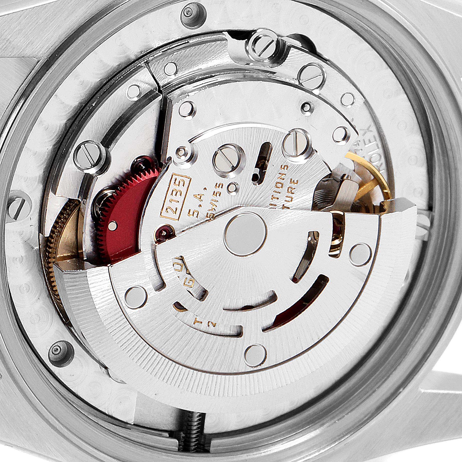 The image shows the Rolex Mid-Size 68273 Women
s Steel and Gold (two tone) Champagne Dial 68273 Women
s Steel and Gold (two tone) Champagne Dial model watch
s internal movement mechanism from a close-up, rear angle view.