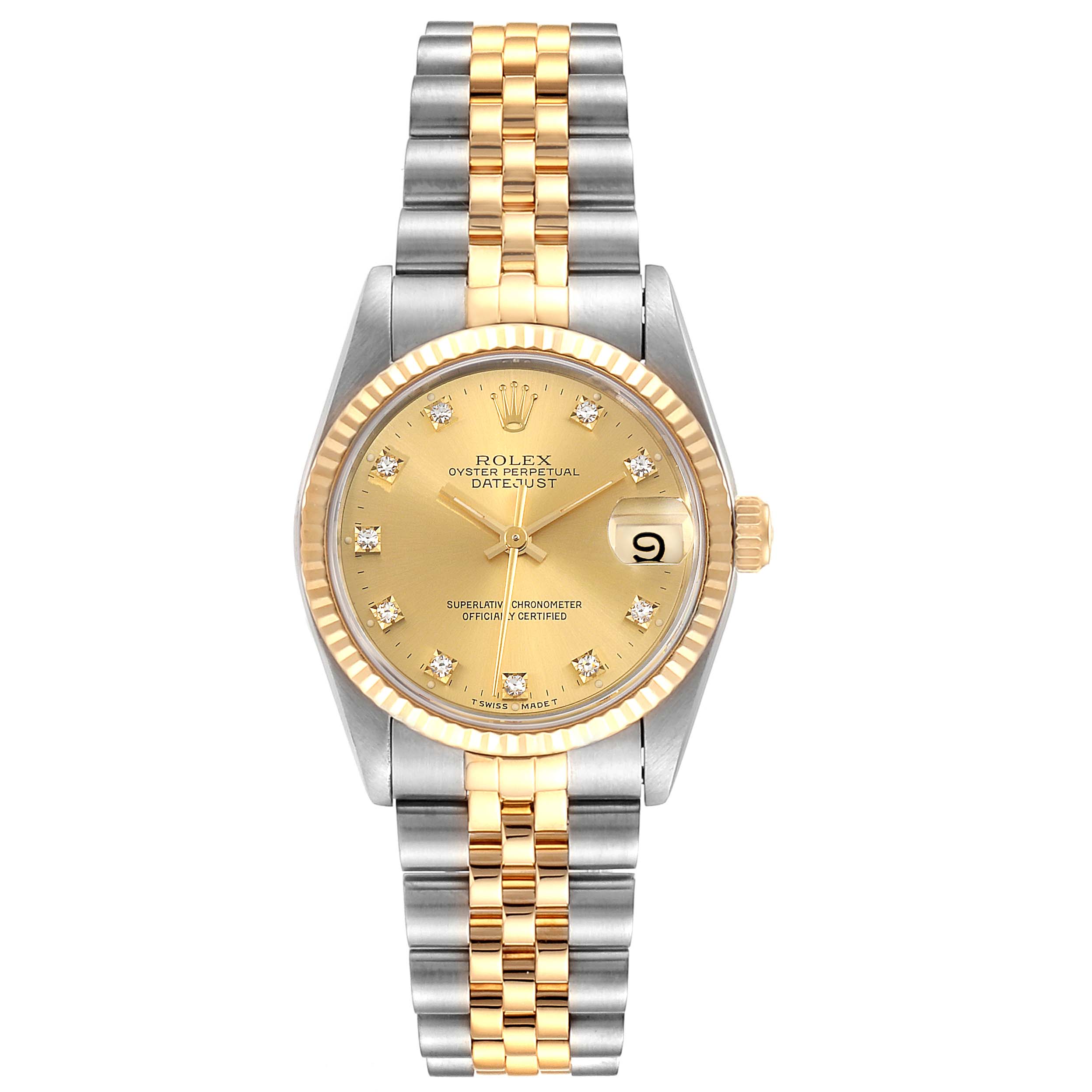 This image shows a front view of the Rolex Mid-Size 68273 Women
s Steel and Gold (two tone) Champagne Dial 68273 Women
s Steel and Gold (two tone) Champagne Dial Datejust watch, featuring a gold and silver bracelet, gold dial, and date display.