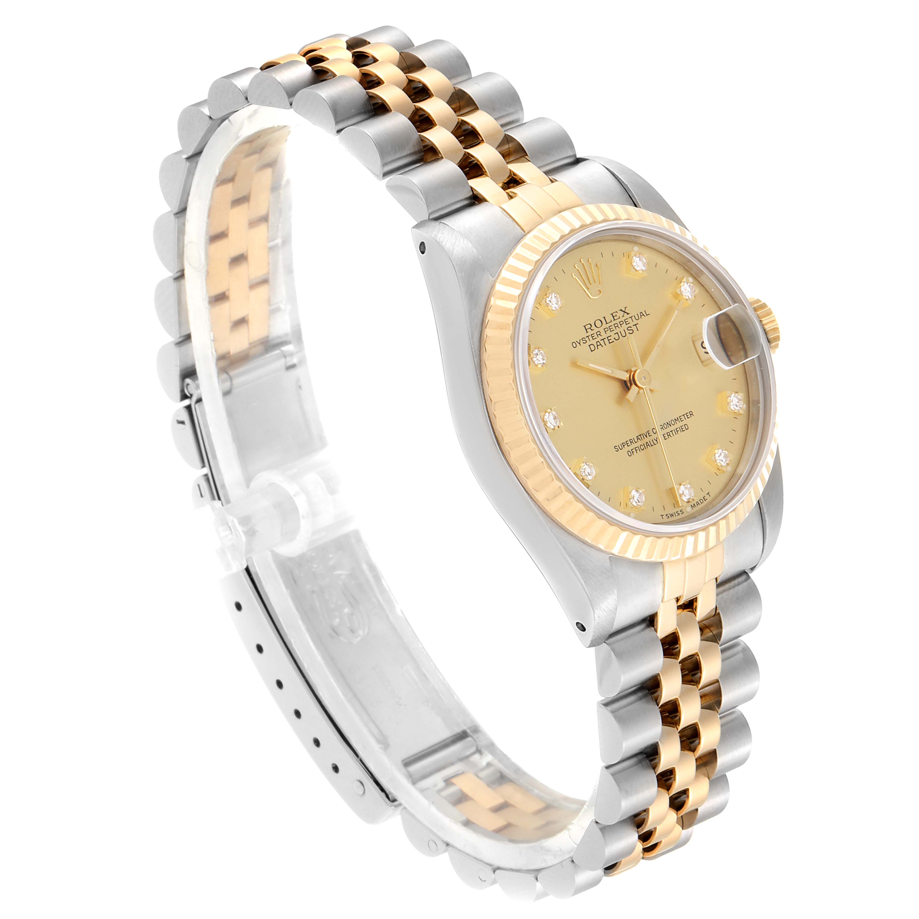 The Rolex Mid-Size 68273 Women
s Steel and Gold (two tone) Champagne Dial 68273 Women
s Steel and Gold (two tone) Champagne Dial model is shown from an angled side view, highlighting its gold and silver bracelet, bezel, and watch face.