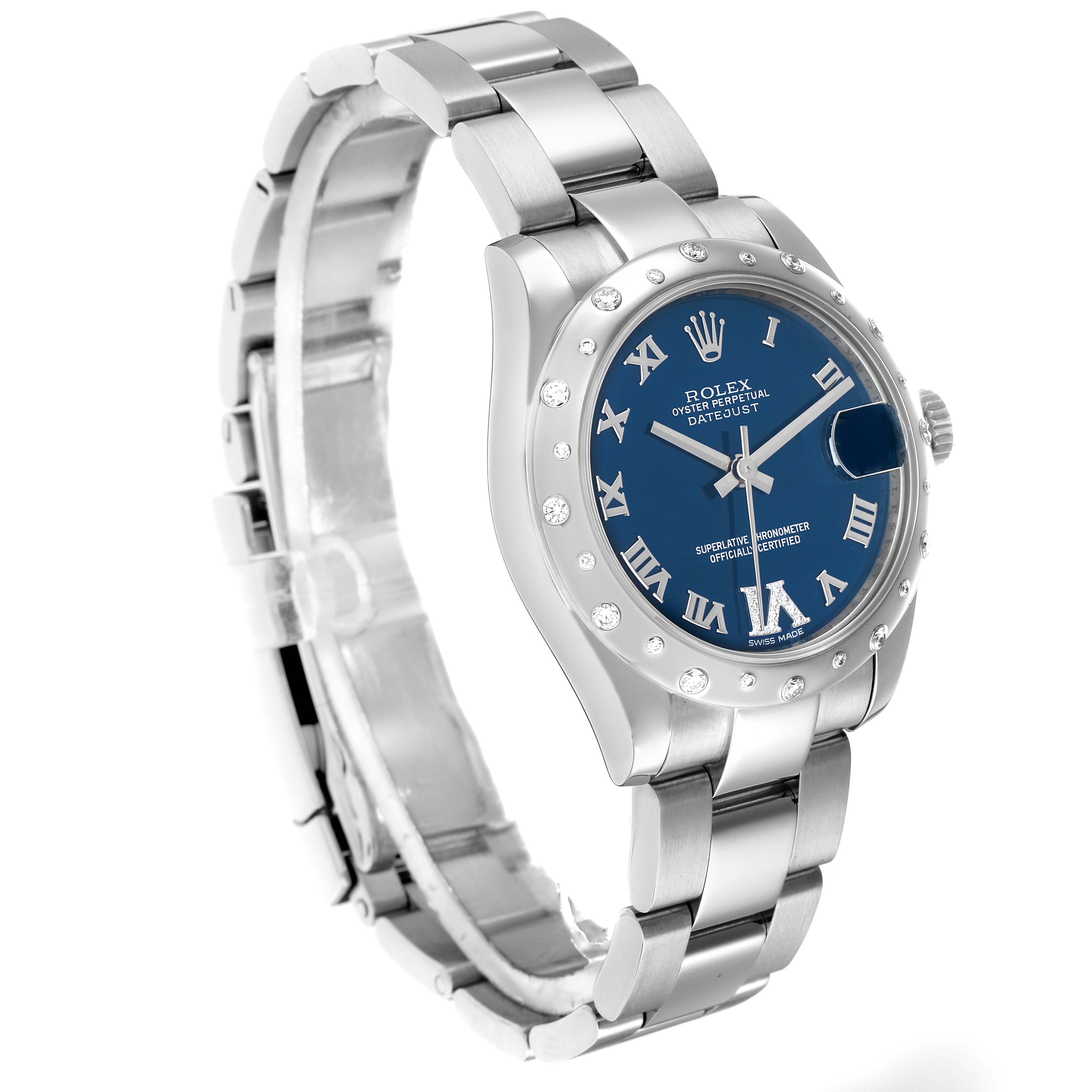 The Rolex Mid-Size 178344 Women
s Stainless Steel Blue Dial watch is shown at a three-quarter angle, displaying the face, bezel, and bracelet.