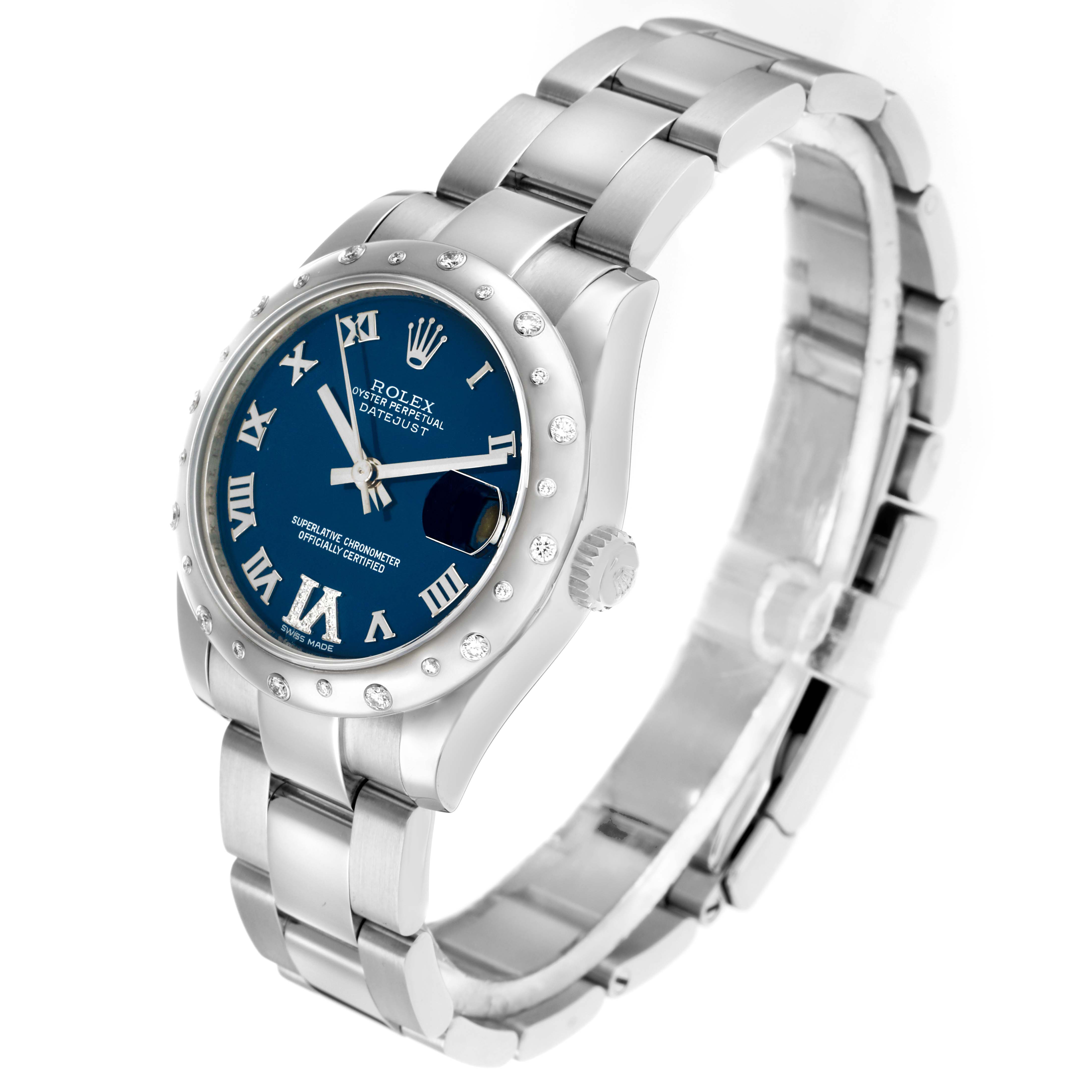 The Rolex Mid-Size 178344 Women
s Stainless Steel Blue Dial watch is shown from a three-quarter angle, displaying the face, bezel, bracelet, and crown.