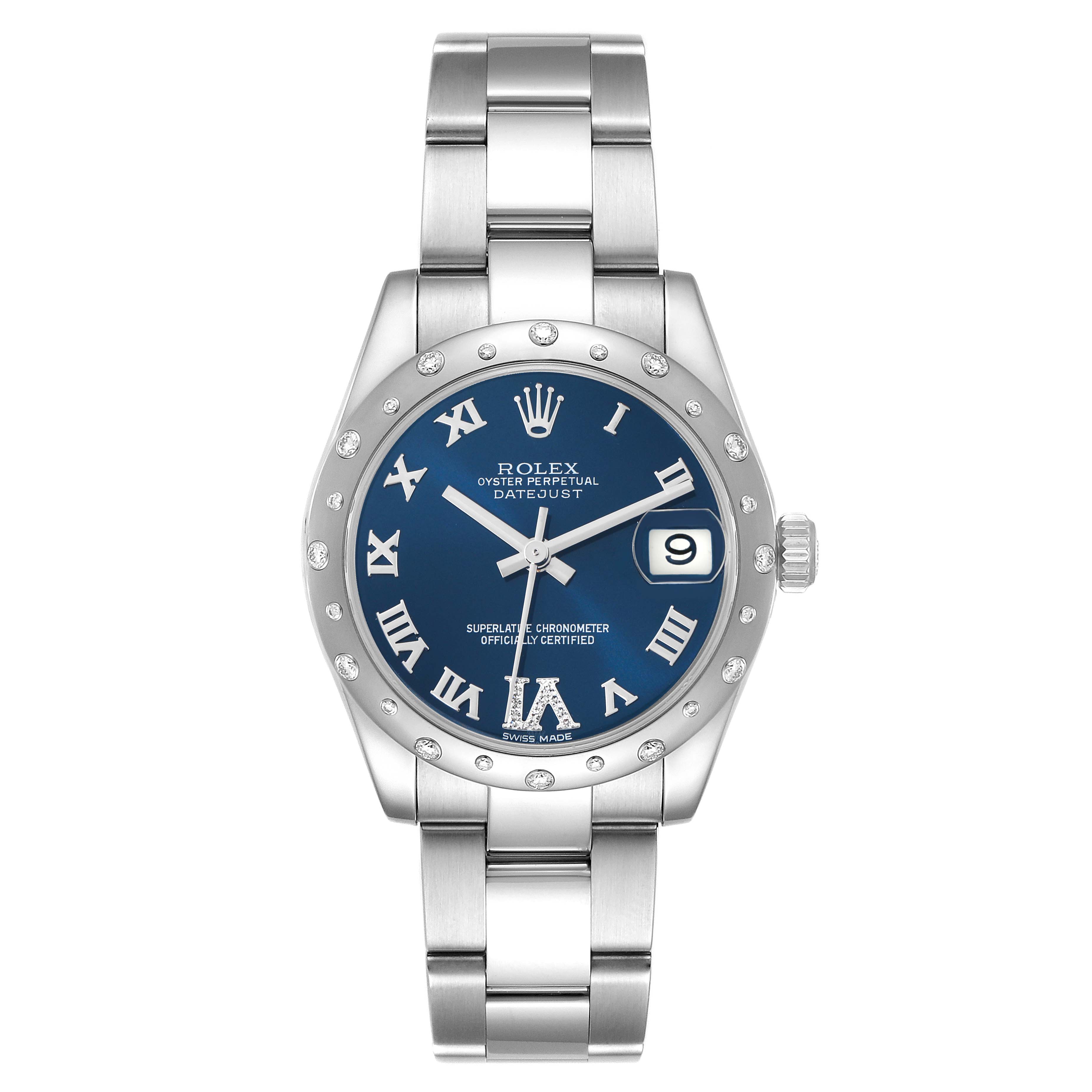 The image shows a front view of a Rolex Datejust Mid-Size watch, displaying its face, bezel, and a portion of the bracelet.