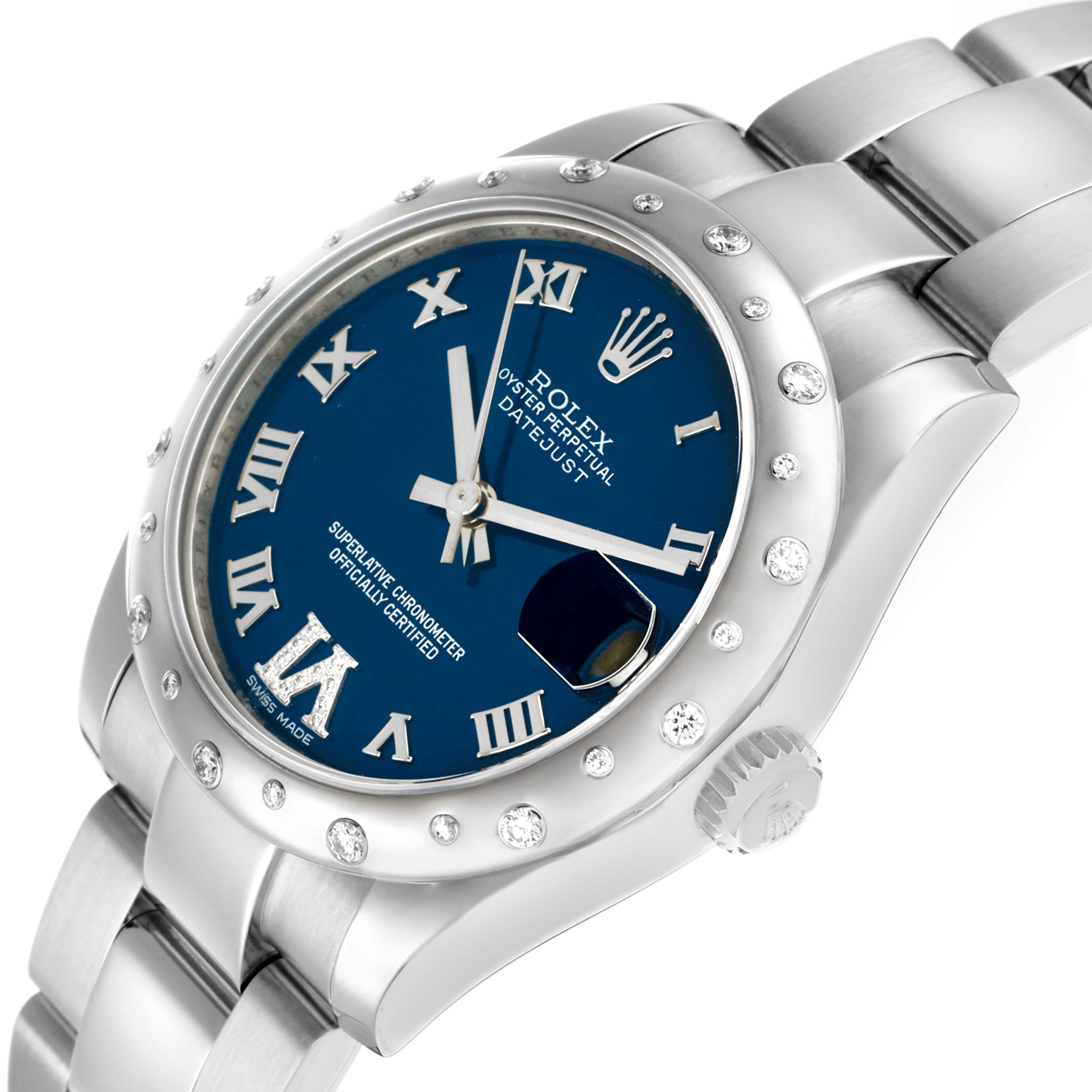 The Rolex Mid-Size 178344 Women
s Stainless Steel Blue Dial Datejust is shown at an angle highlighting the blue dial, Roman numerals, diamond bezel, crown, and bracelet.