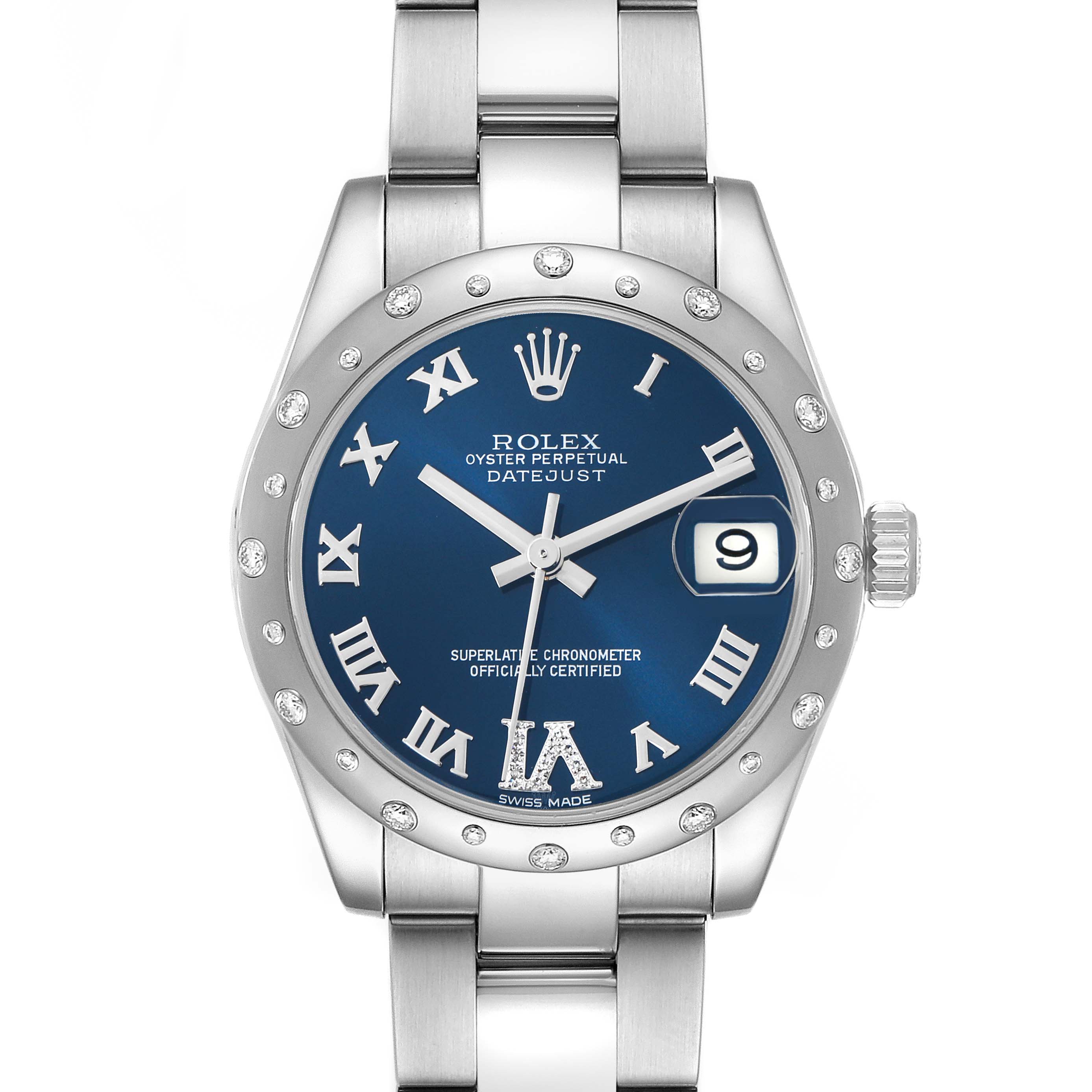 The Rolex Datejust Mid-Size watch is shown from the front, displaying the dial, bezel, crown, and part of the bracelet.
