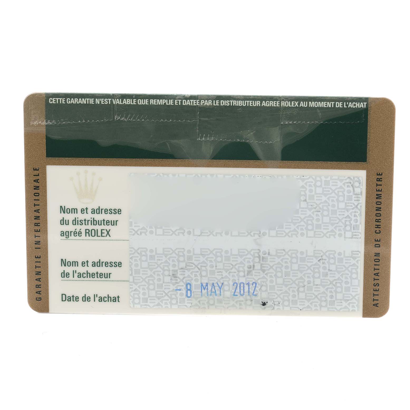 The image shows a warranty card for a Rolex Mid-Size 178344 Women
s Stainless Steel Blue Dial model, displaying information and date of purchase.