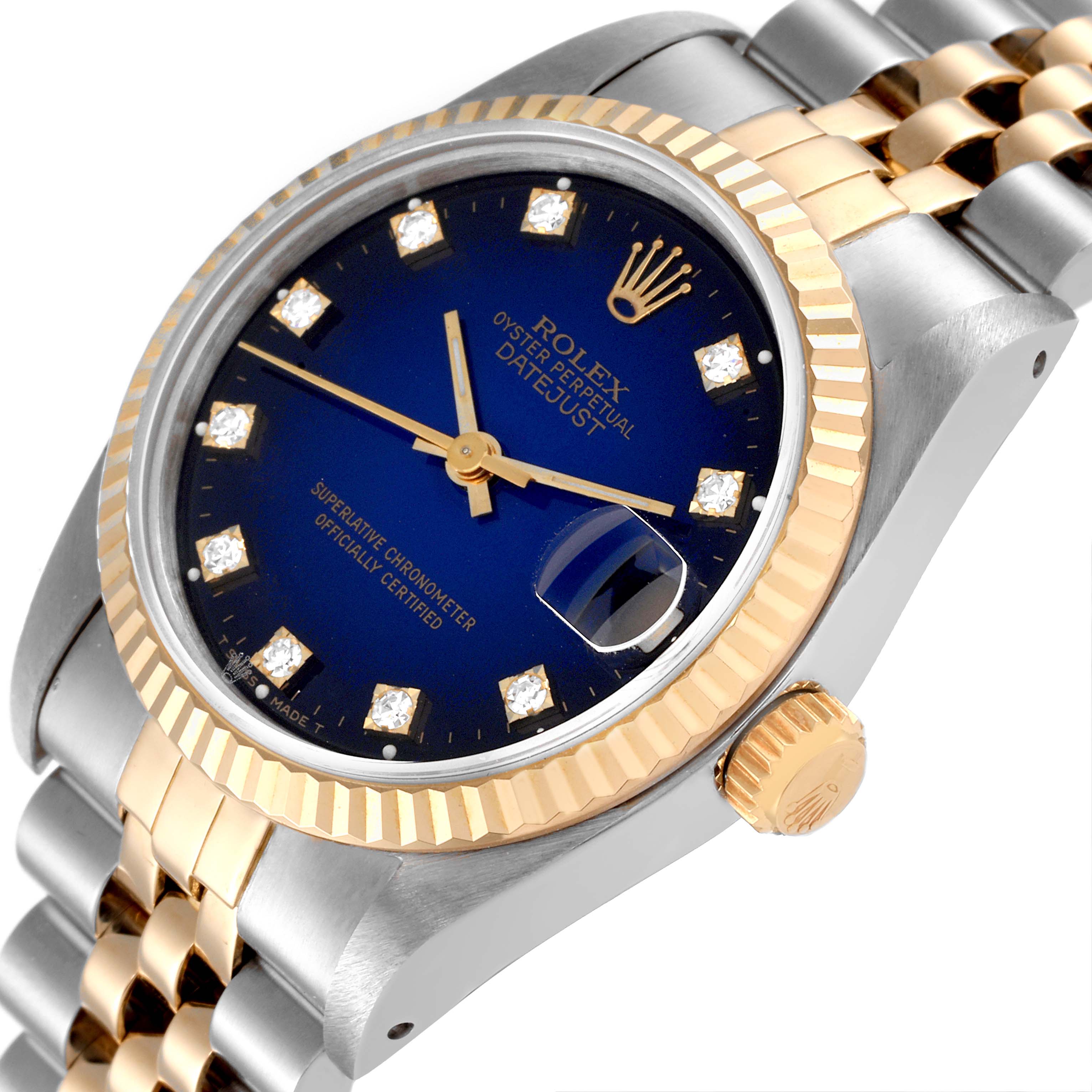 This image shows a Rolex Mid-Size 68273 Women's Steel and Gold (two tone) Blue Dial 68273 Women's Steel and Gold (two tone) Blue Dial Oyster Perpetual Datejust watch angled to display its face, bezel, crown, and bracelet.