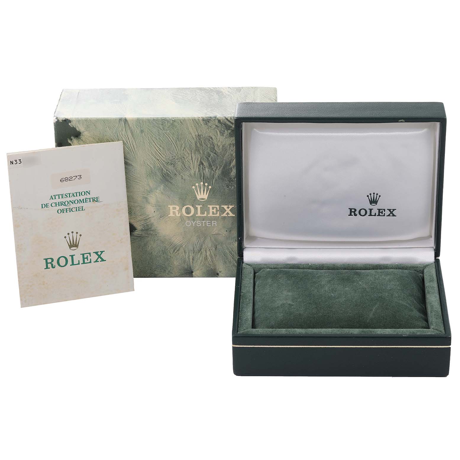 The image shows a Rolex Mid-Size 68273 Women's Steel and Gold (two tone) Blue Dial 68273 Women's Steel and Gold (two tone) Blue Dial model watch box, an outer box, and official chronometer papers.