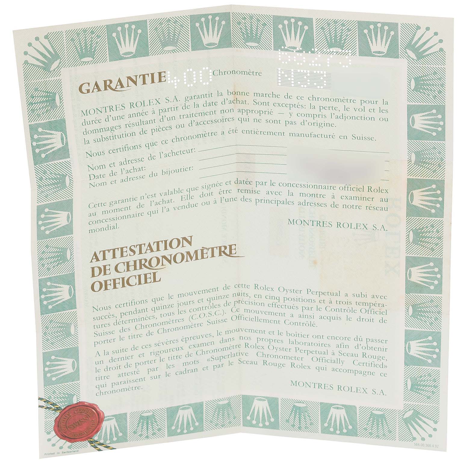 The image shows a warranty certificate and chronometer certificate for a Rolex Mid-Size 68273 Women's Steel and Gold (two tone) Blue Dial 68273 Women's Steel and Gold (two tone) Blue Dial model.