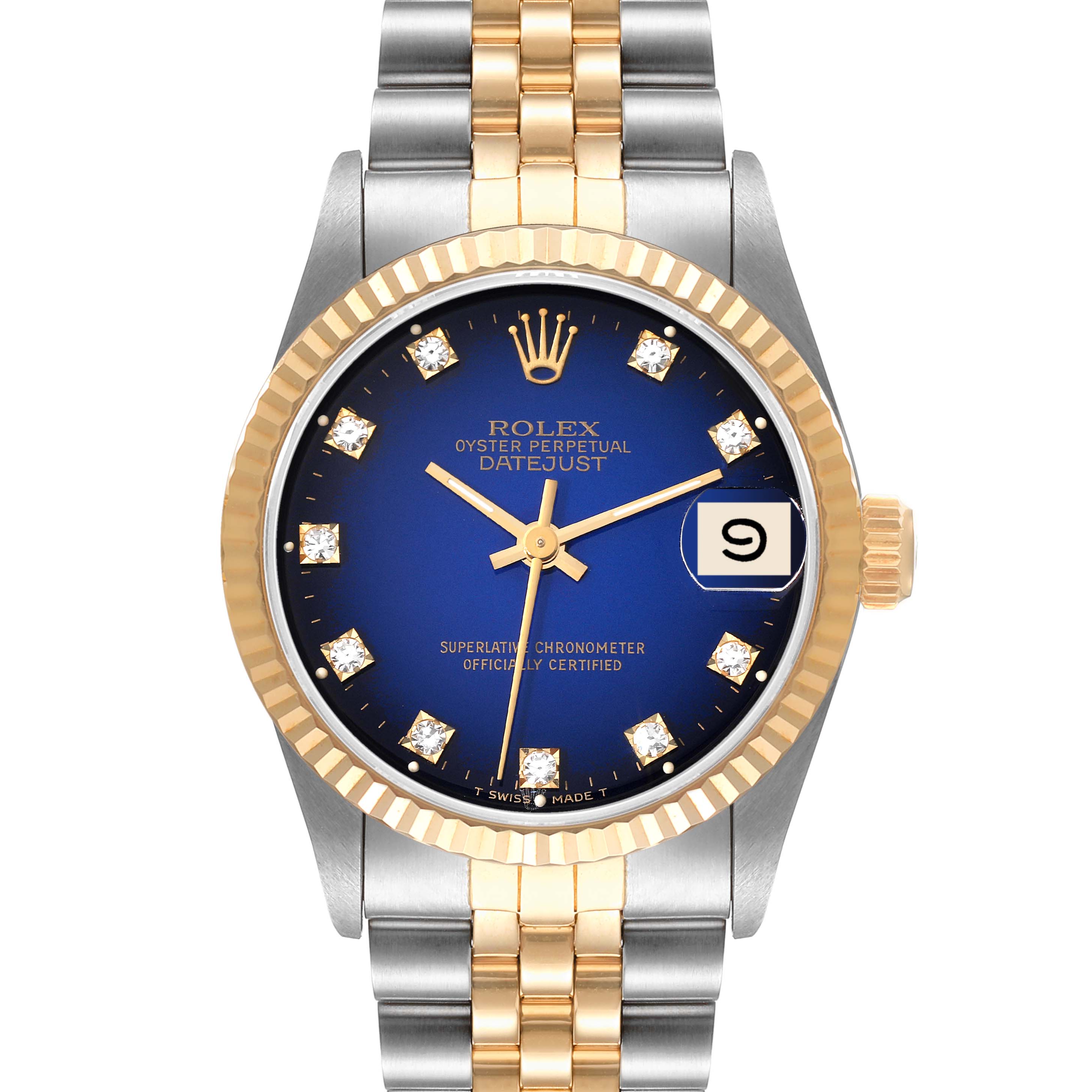 This Rolex Mid-Size 68273 Women's Steel and Gold (two tone) Blue Dial 68273 Women's Steel and Gold (two tone) Blue Dial Datejust is shown in a front-facing angle, displaying the blue dial, fluted bezel, and two-tone bracelet.