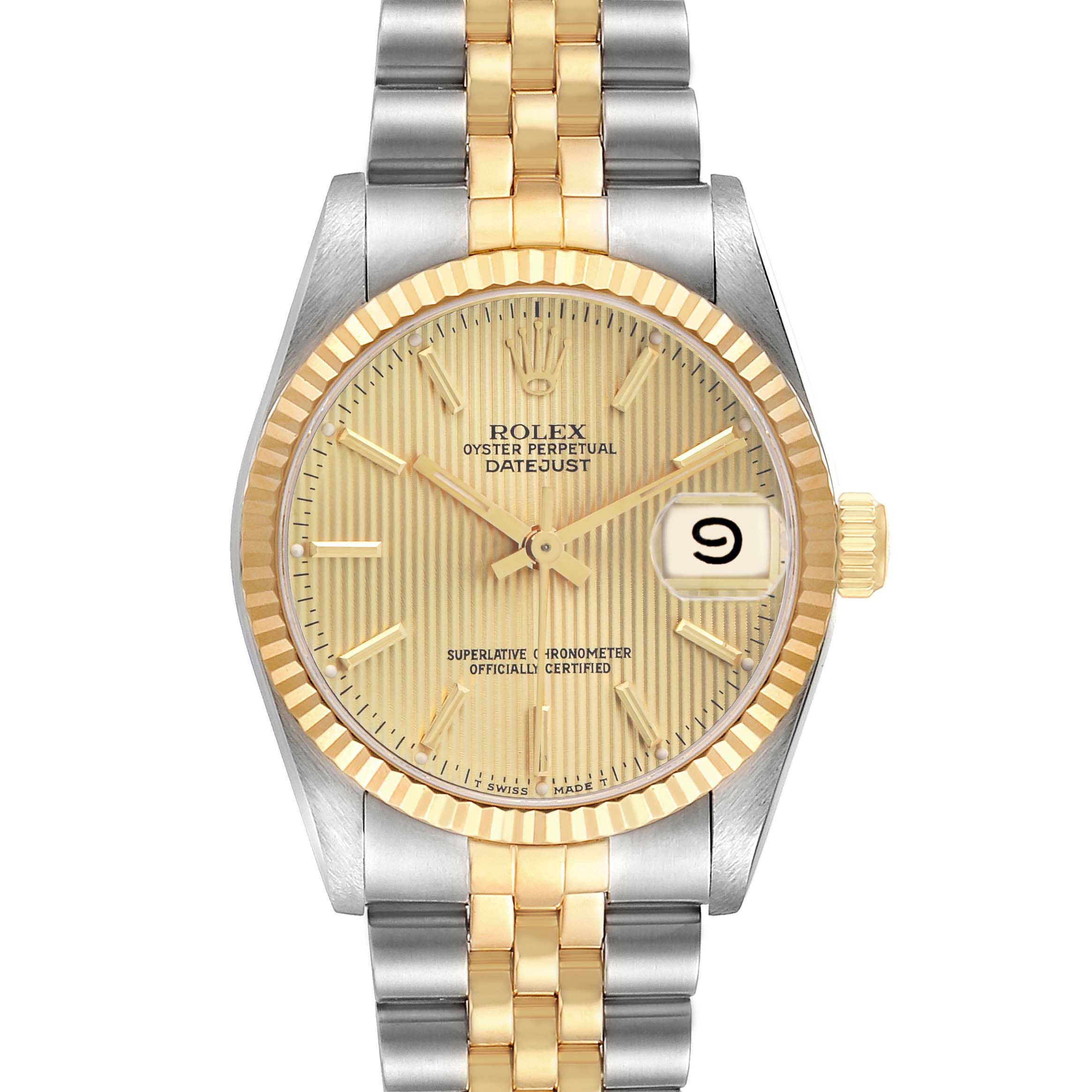 The Rolex Datejust Mid-Size model is shown from a front angle displaying the face, bezel, and bracelet.