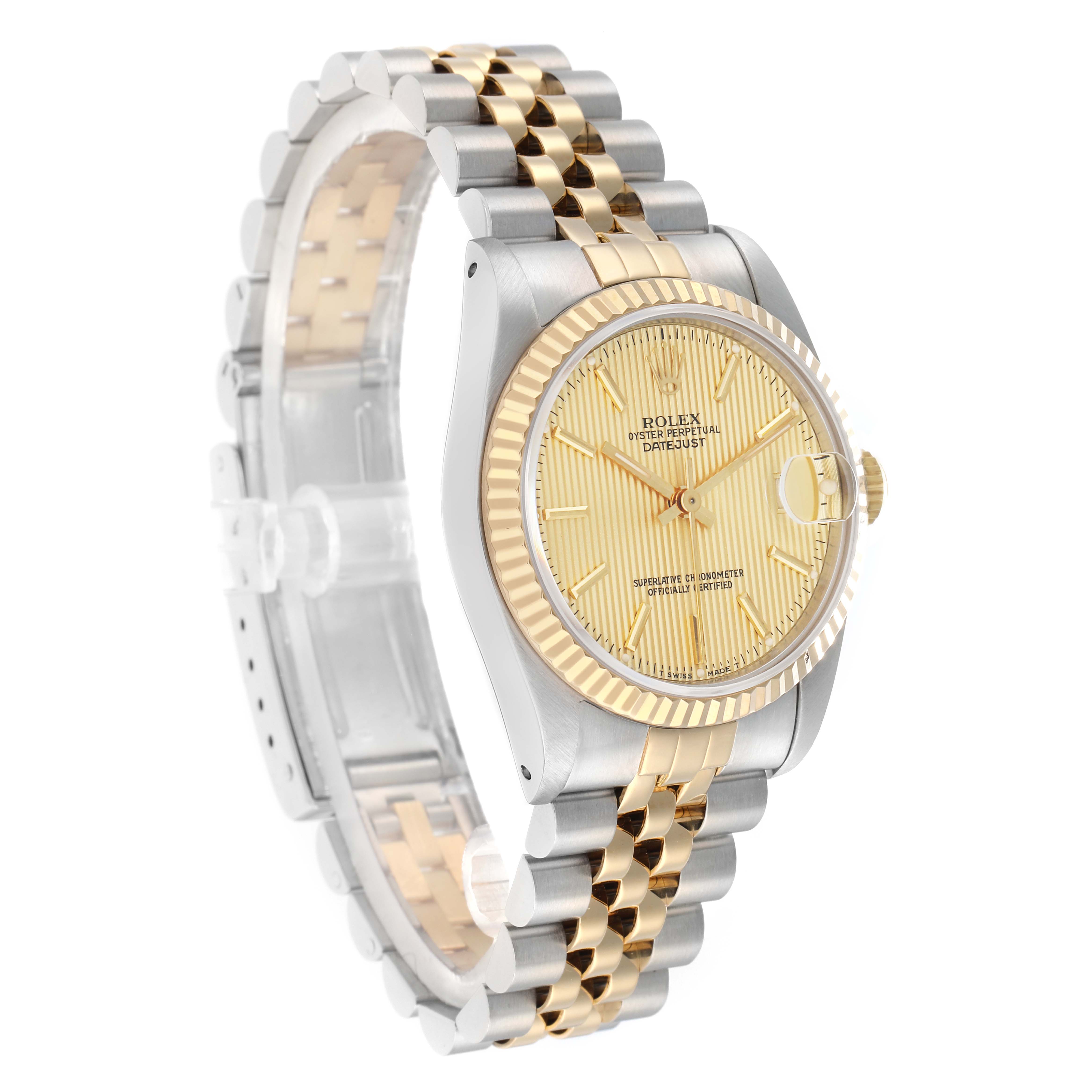 The Rolex Mid-Size 68273 Women
s Steel and Gold (two tone) Champagne Dial watch is shown at a three-quarter angle, displaying the face, bezel, and full bracelet.