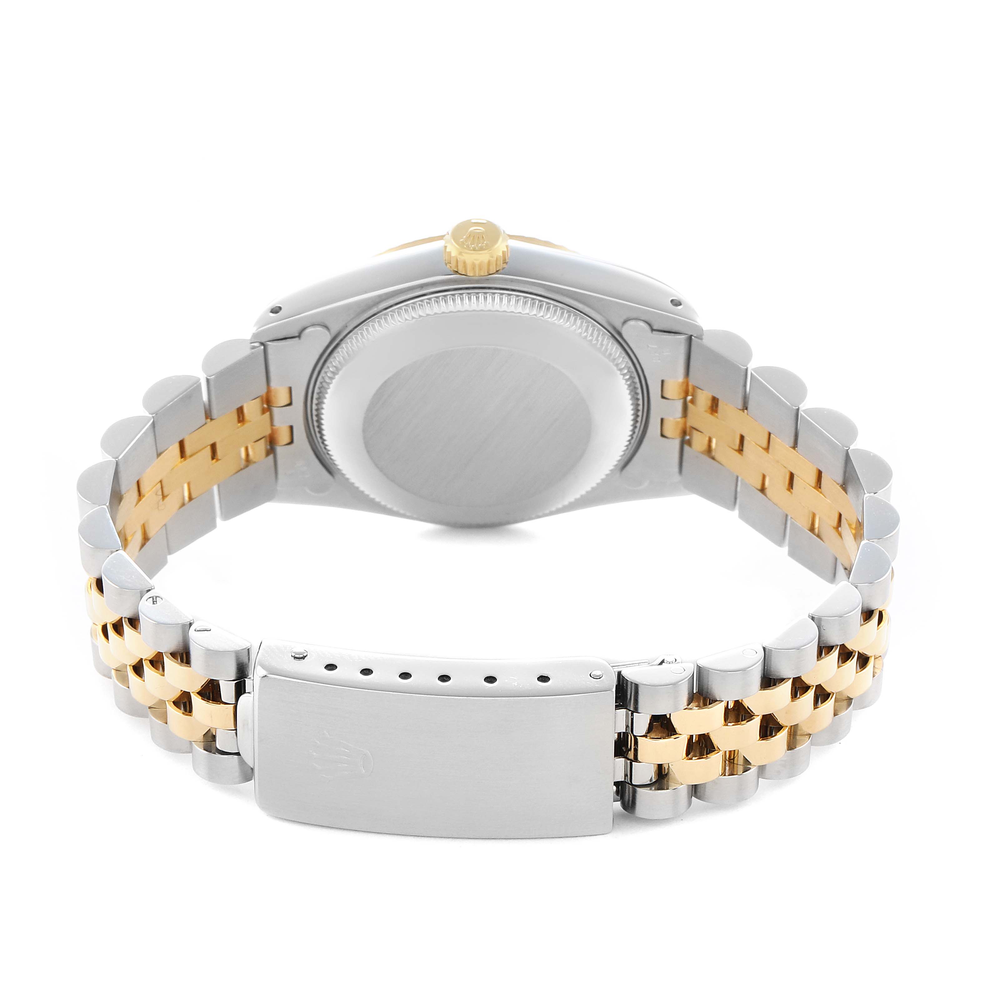 The Rolex Mid-Size 68273 Women
s Steel and Gold (two tone) Champagne Dial watch is shown from the back, highlighting the case back and two-tone bracelet with a clasp.
