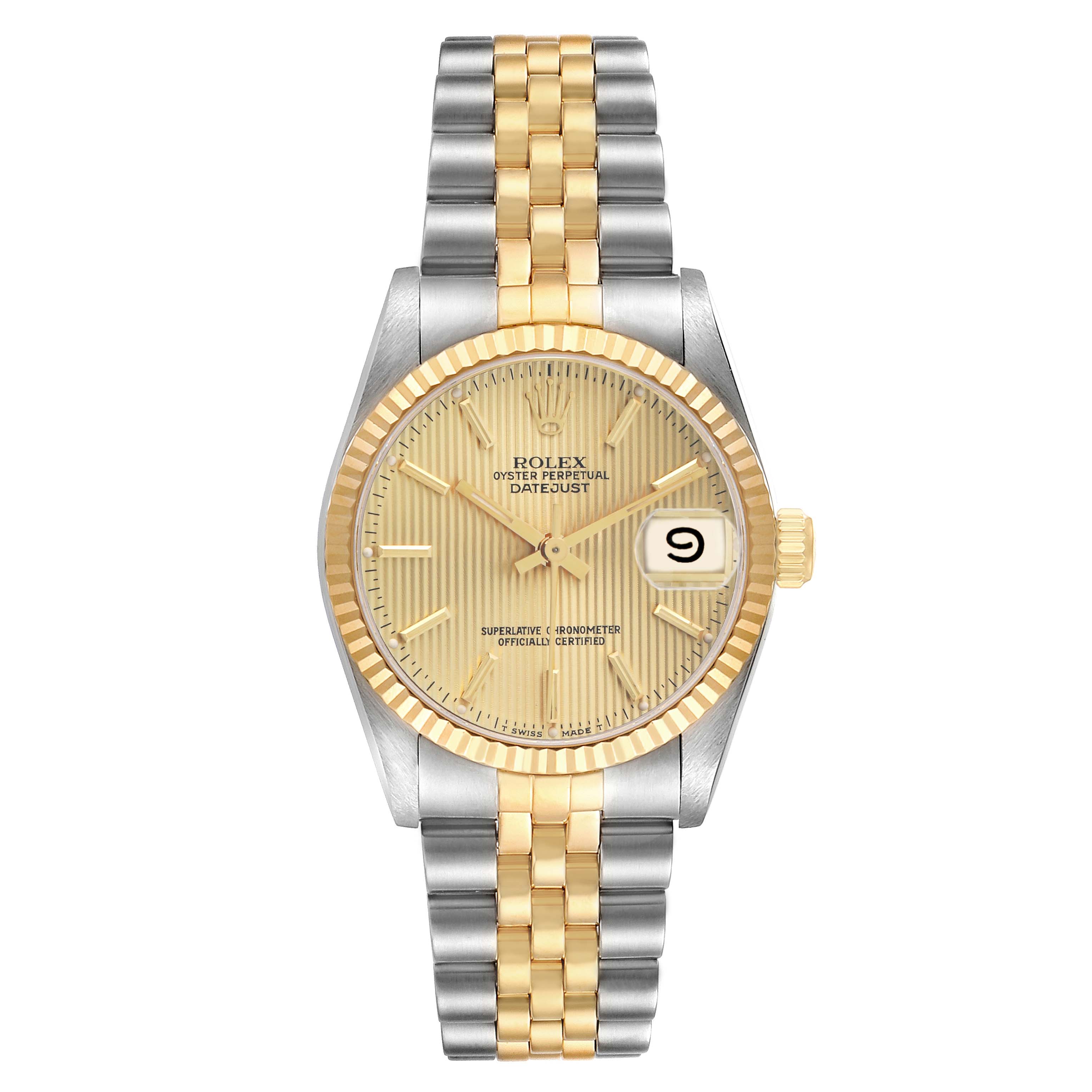 This Rolex Mid-Size 68273 Women
s Steel and Gold (two tone) Champagne Dial Datejust watch is shown from a top-down angle, highlighting its two-tone bracelet and gold bezel.