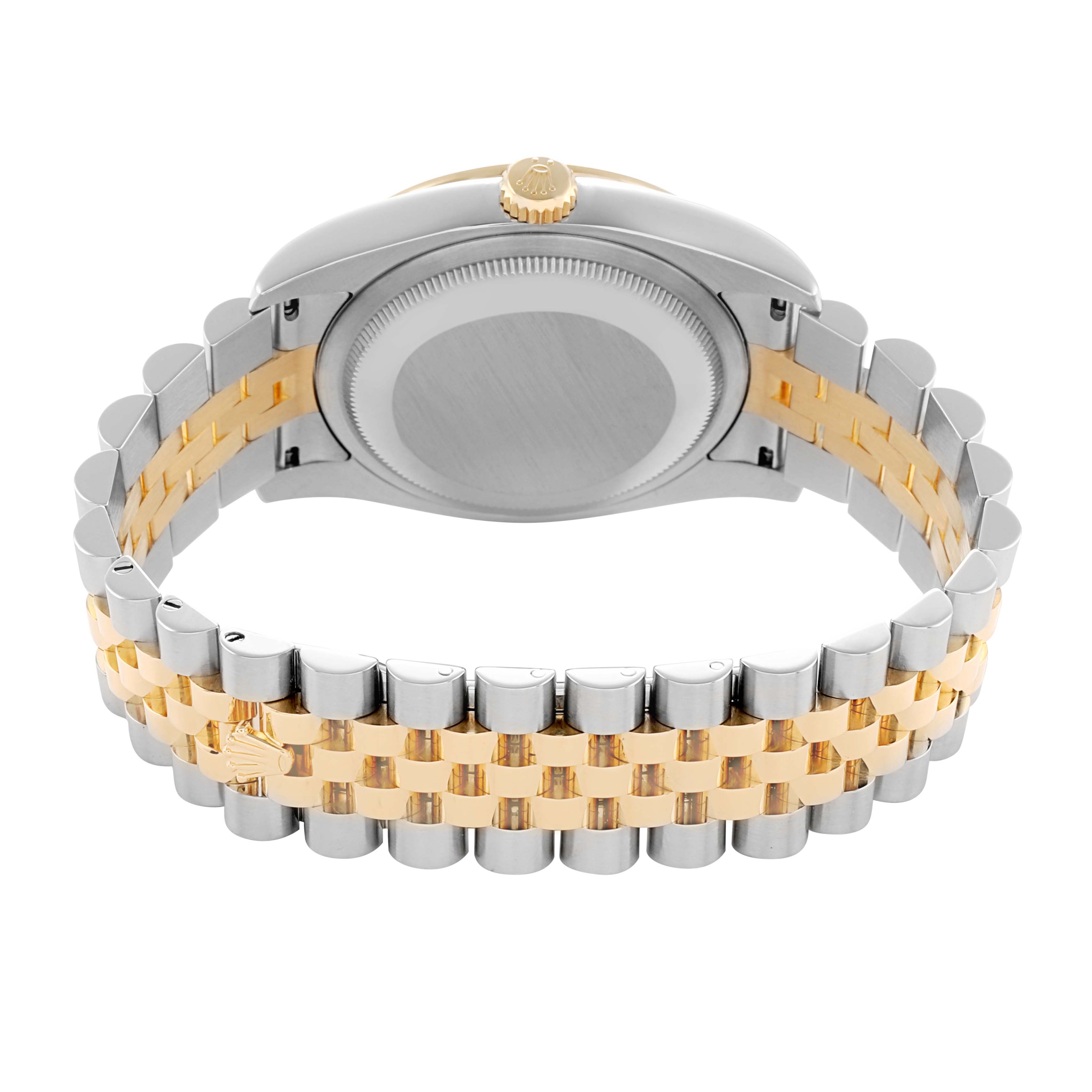 The image shows the back of the Rolex Datejust 116243 Men
s Steel and Gold (two tone) Mother of Pearl Dial, highlighting the two-tone bracelet and the case back.