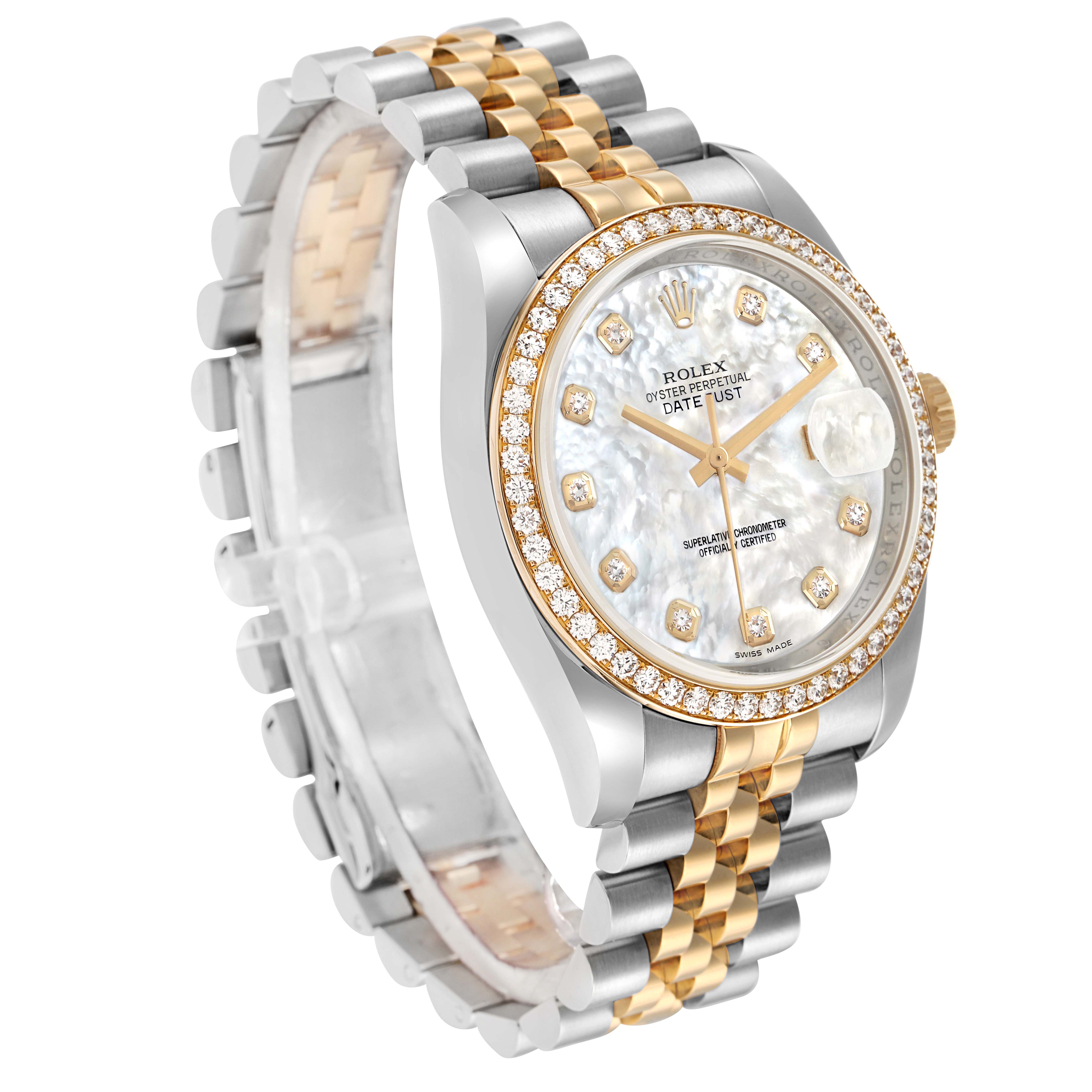 The Rolex Datejust 116243 Men
s Steel and Gold (two tone) Mother of Pearl Dial watch is shown at a 3/4 angle, highlighting the bezel, dial, and two-tone bracelet.