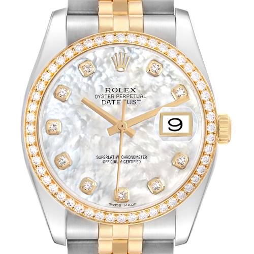 Photo of Rolex Datejust MOP Dial Steel Yellow Gold Diamond Mens Watch 116243 Box Card