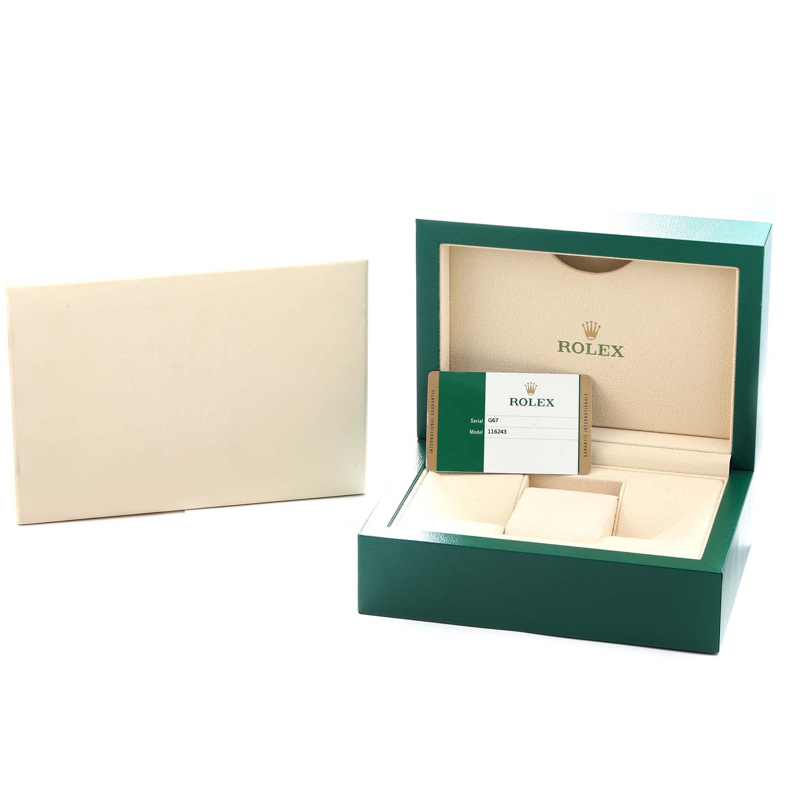 The image shows a Rolex Datejust 116243 Men
s Steel and Gold (two tone) Mother of Pearl Dial box and Best Quality
ity card, viewed from the front with the lid open.