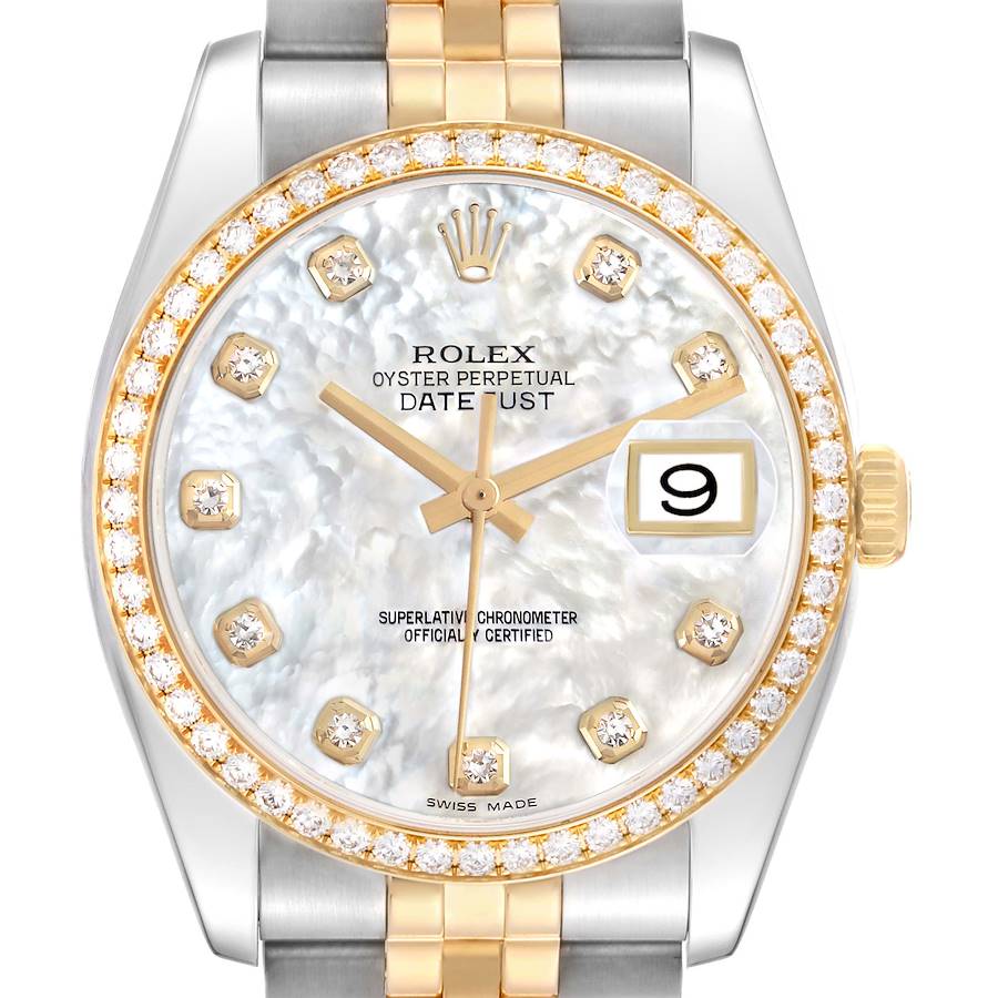The Rolex Datejust 116243 Men's Steel and Gold (two tone) Mother of Pearl Dial is shown from the front, highlighting its mother-of-pearl dial, diamond markers, and gold accents.