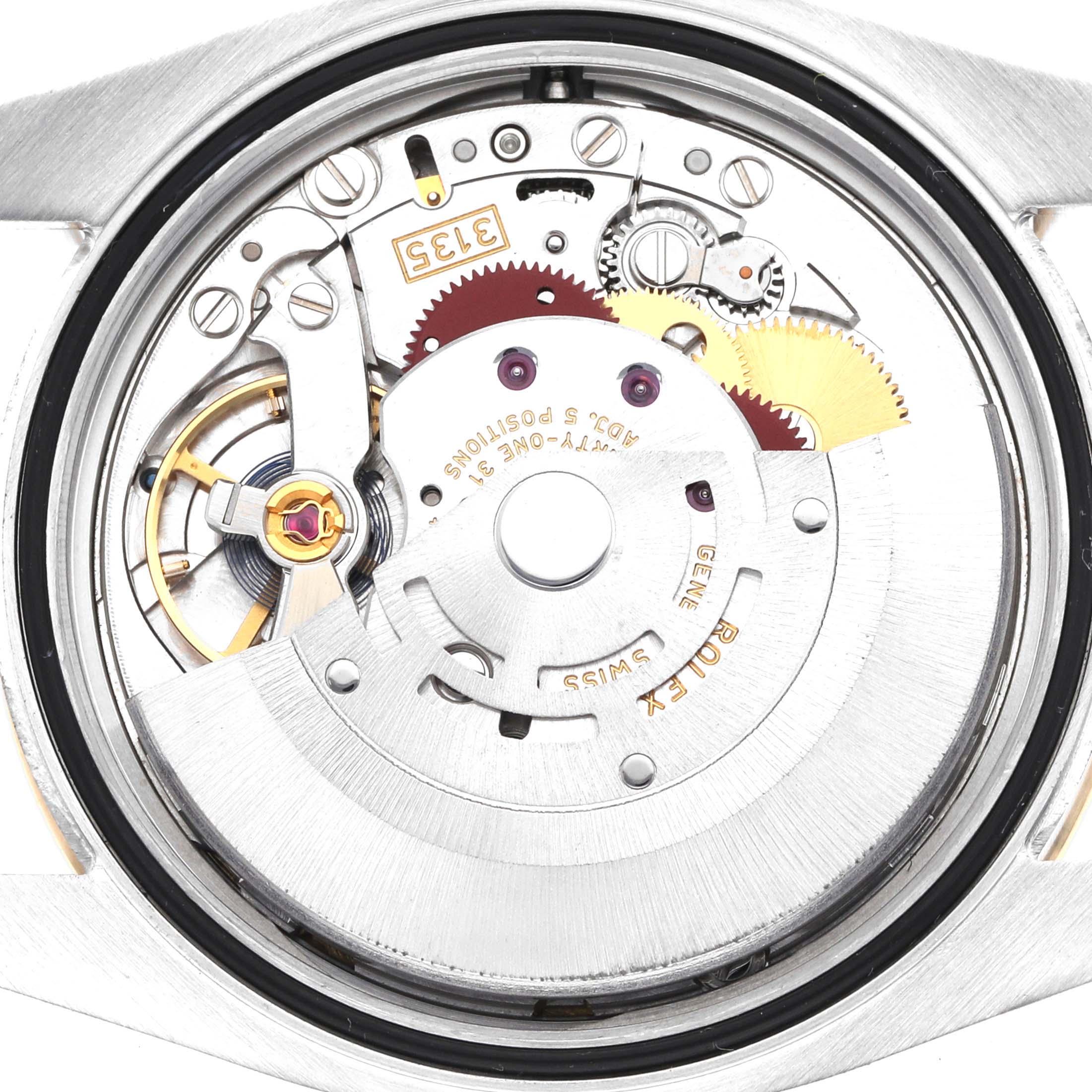 The image shows the movement of a Rolex Datejust 116243 Men
s Steel and Gold (two tone) Mother of Pearl Dial watch from a top-down angle, highlighting gears and mechanisms.