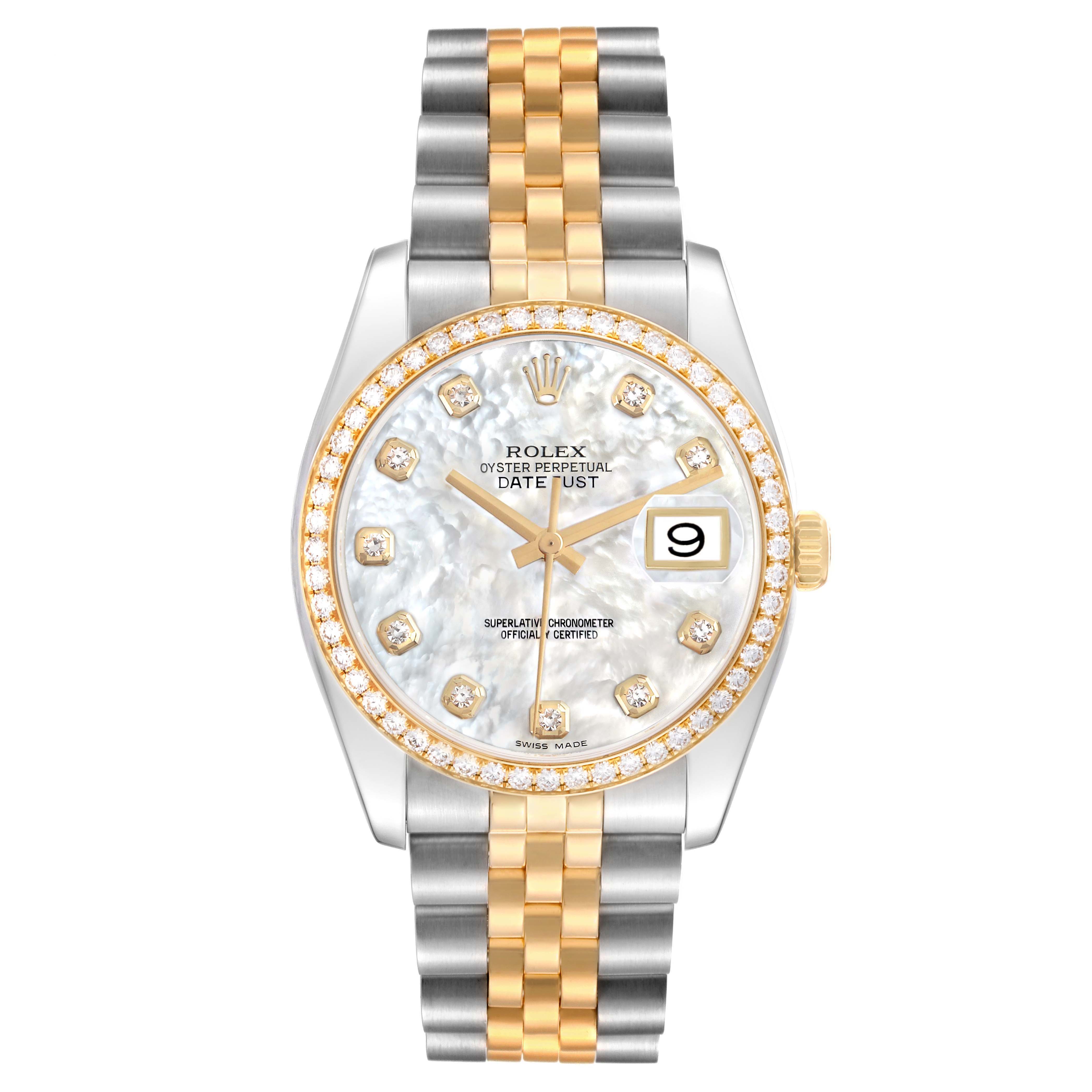 The Rolex Datejust 116243 Men
s Steel and Gold (two tone) Mother of Pearl Dial watch is shown from a front angle, displaying the face, bezel, and bracelet.