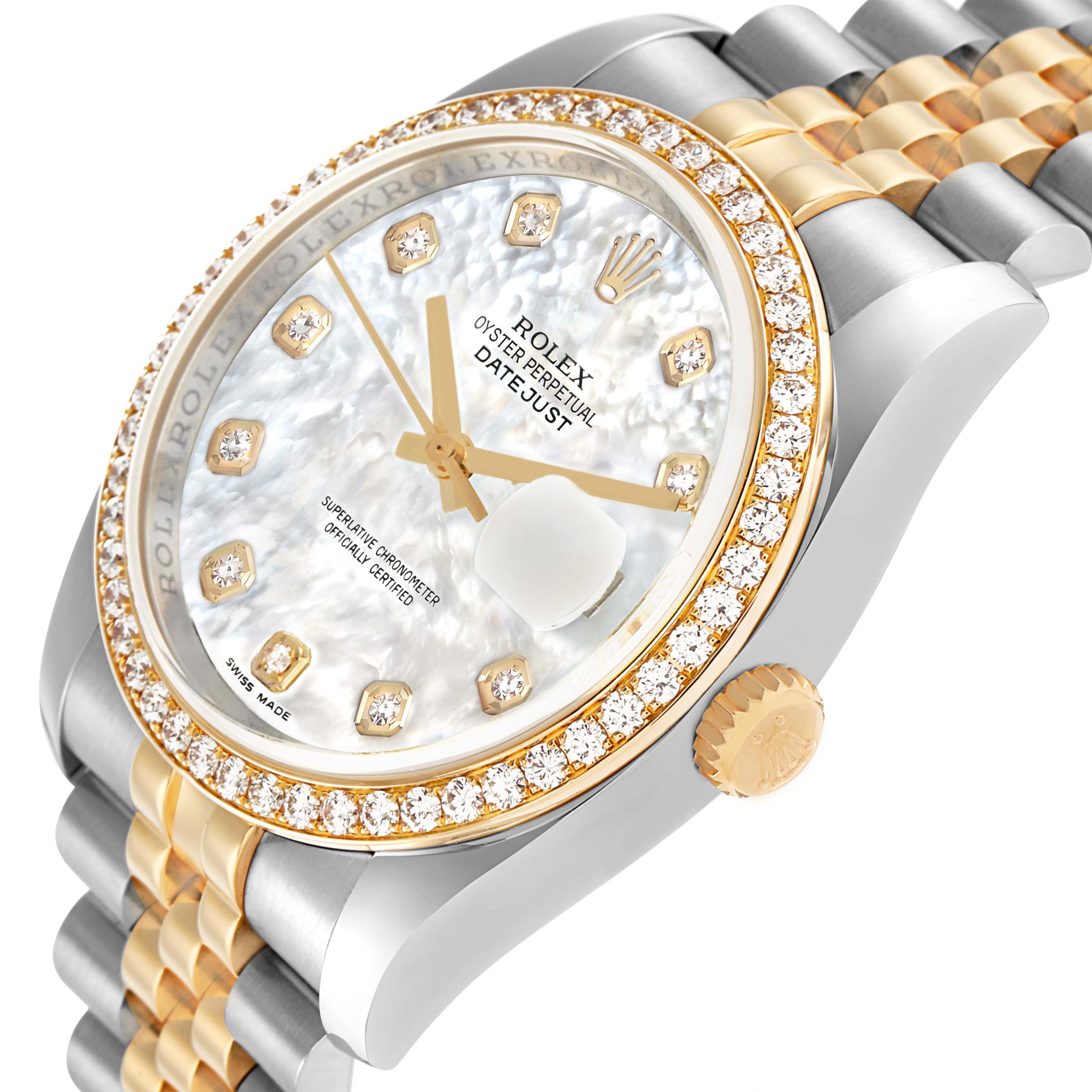 The Rolex Datejust 116243 Men
s Steel and Gold (two tone) Mother of Pearl Dial watch is shown from an angled side view, displaying the face, bezel, and part of the bracelet.