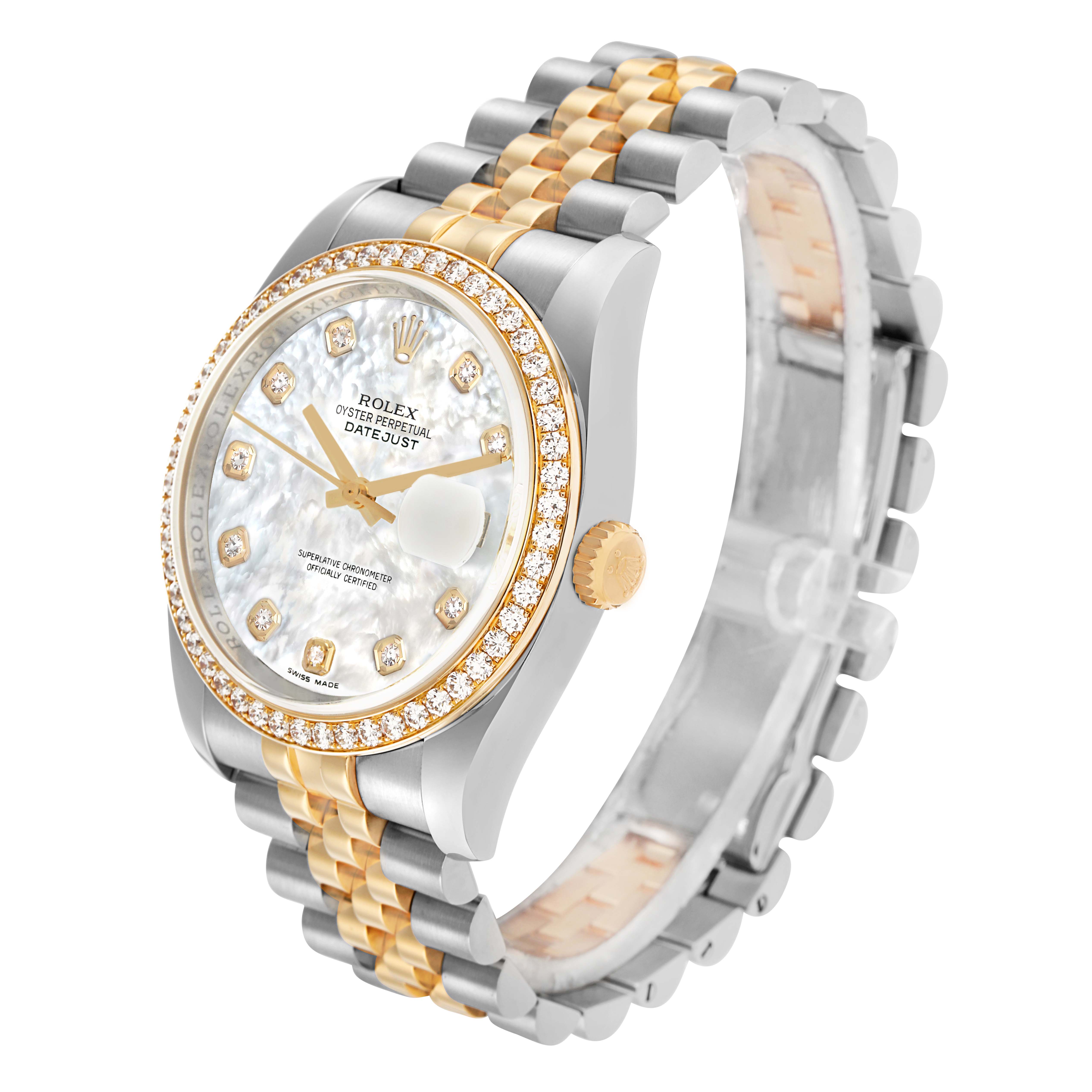 The Rolex Datejust 116243 Men
s Steel and Gold (two tone) Mother of Pearl Dial watch is shown at a slight angle, displaying the face, bezel, crown, and part of the Jubilee bracelet.