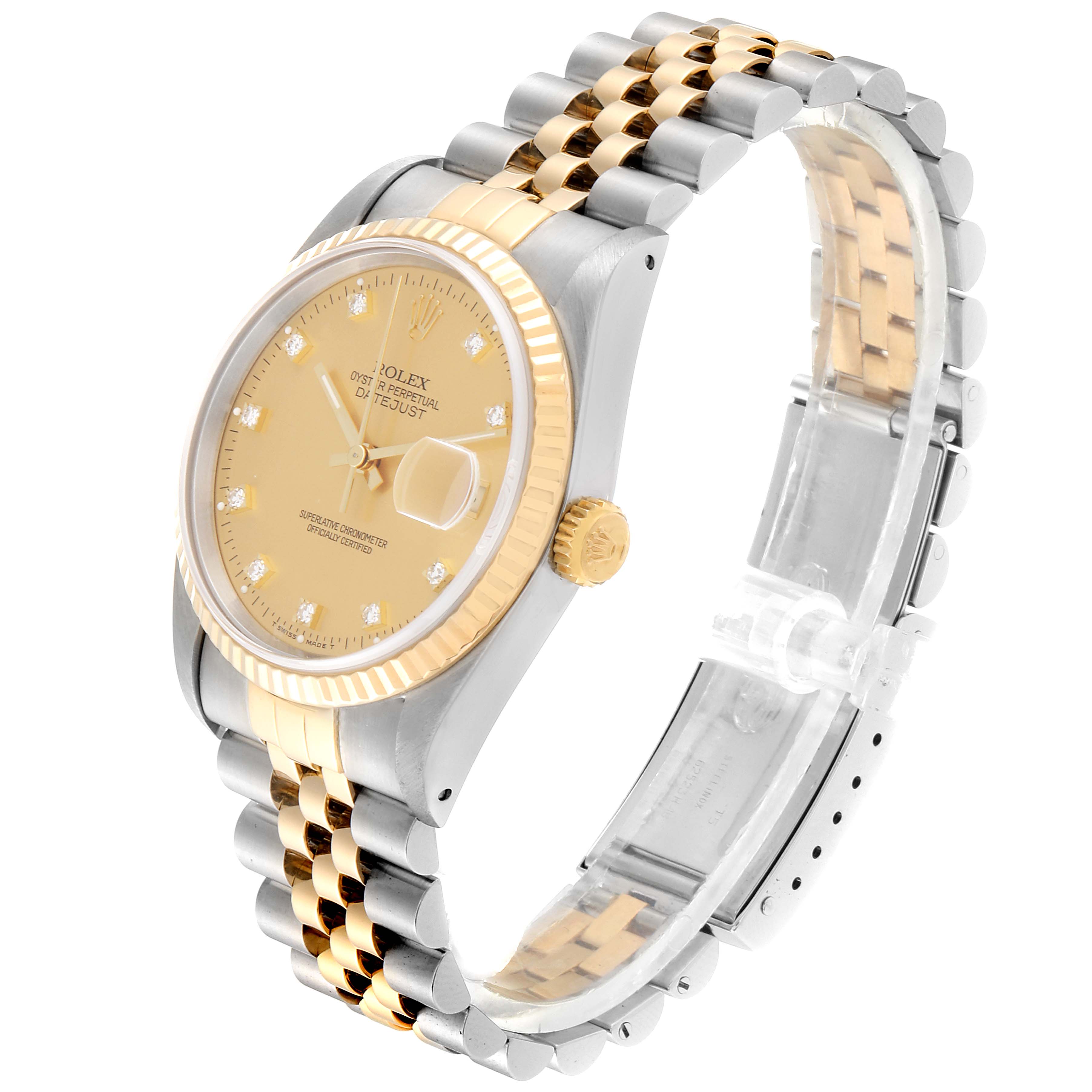 The Rolex Datejust 16233 Men
s Steel and Gold (two tone) Champagne Dial 16233 Men
s Steel and Gold (two tone) Champagne Dial watch is shown at an angle that highlights its face, two-tone jubilee bracelet, and fluted bezel.