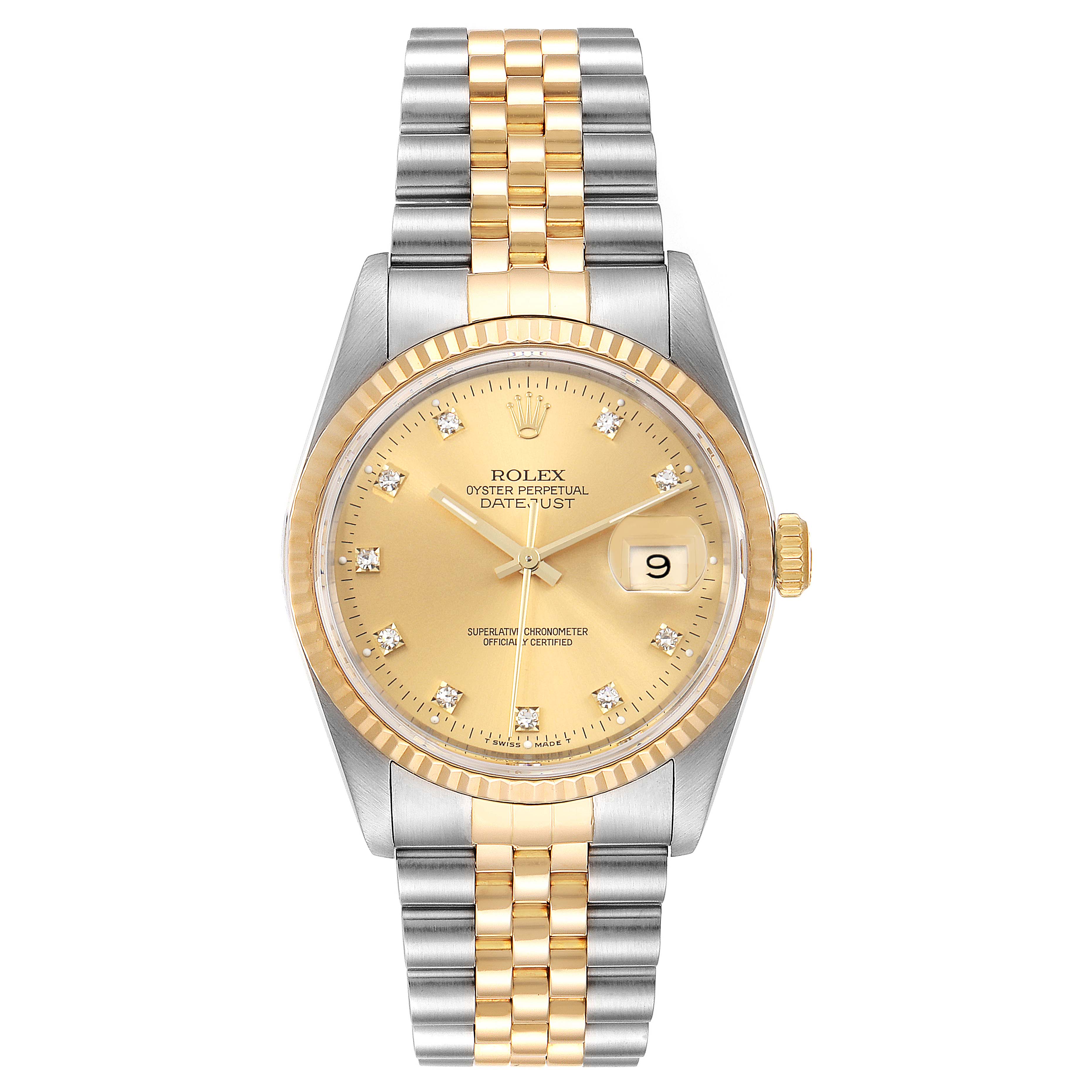 The image shows a front view of a Rolex Datejust 16233 Men
s Steel and Gold (two tone) Champagne Dial 16233 Men
s Steel and Gold (two tone) Champagne Dial watch with a gold dial and two-tone bracelet.