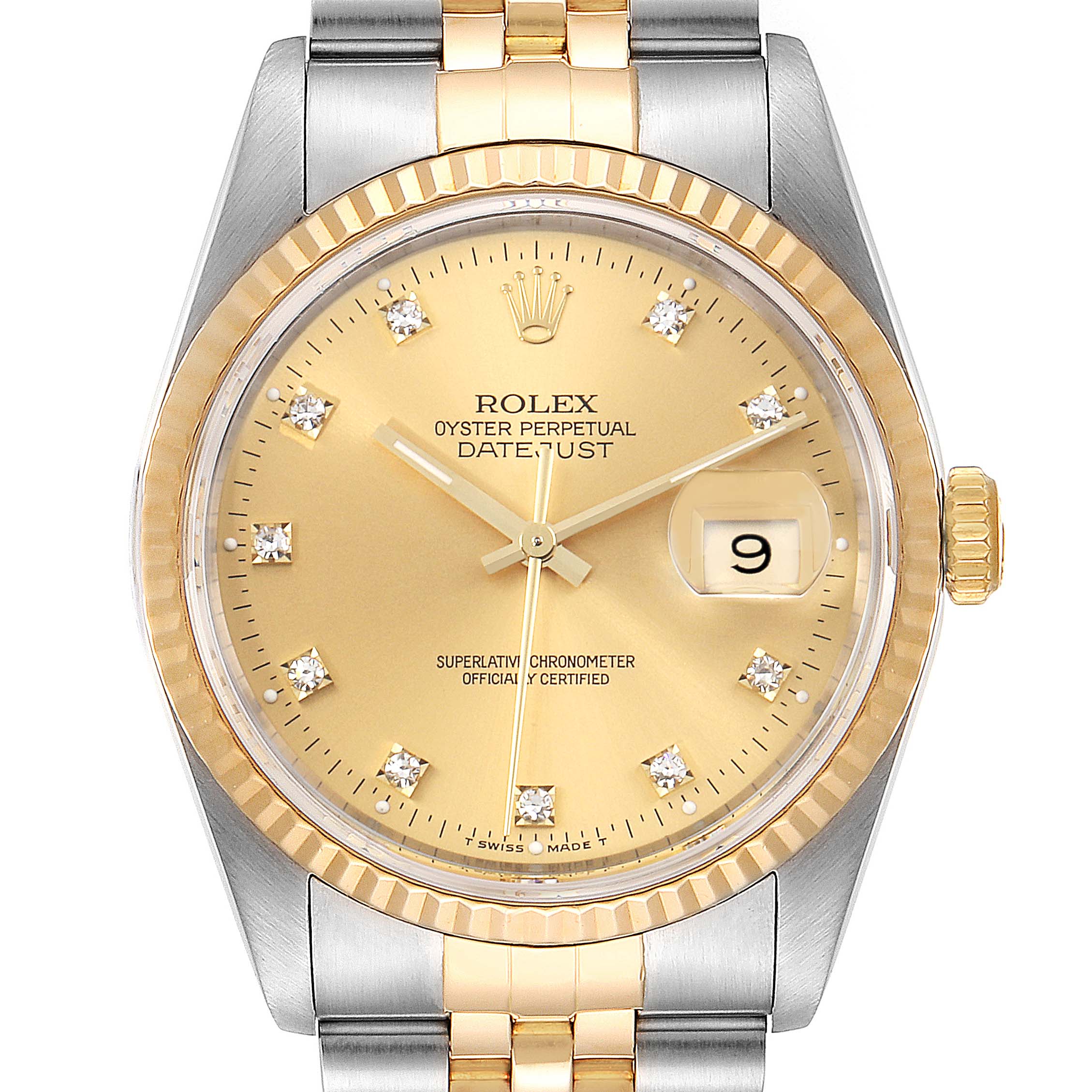 The image shows a Rolex Datejust 16233 Men
s Steel and Gold (two tone) Champagne Dial 16233 Men
s Steel and Gold (two tone) Champagne Dial watch from a front angle, highlighting the dial, bezel, bracelet, and date window.