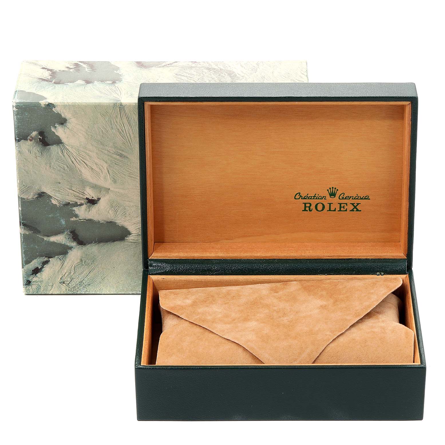 This image shows an open Rolex Datejust 16233 Men
s Steel and Gold (two tone) Champagne Dial 16233 Men
s Steel and Gold (two tone) Champagne Dial watch box, revealing its interior and a protective suede pouch.