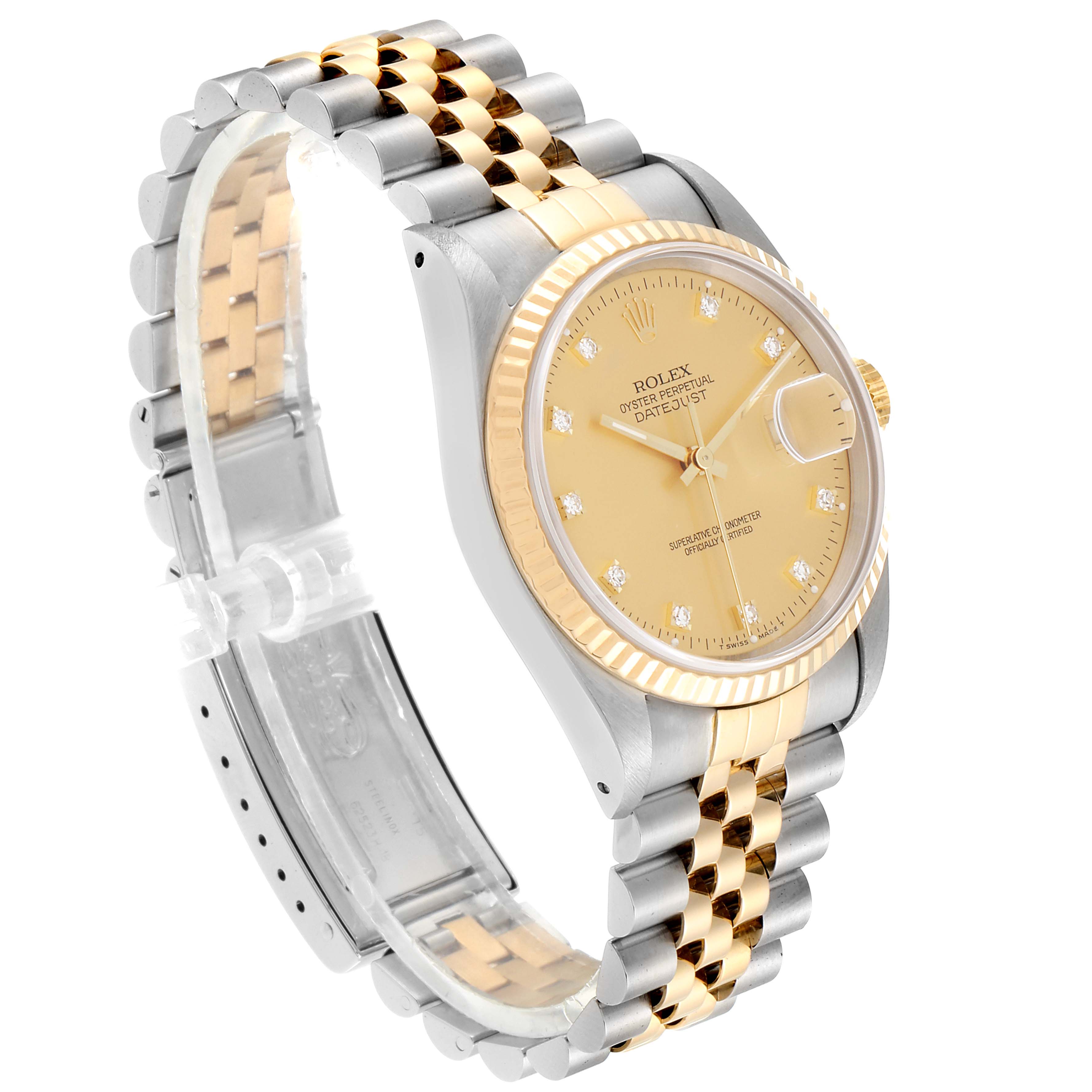 The image shows a Rolex Datejust 16233 Men
s Steel and Gold (two tone) Champagne Dial 16233 Men
s Steel and Gold (two tone) Champagne Dial watch at an angled view, displaying the bracelet, case, bezel, and dial.