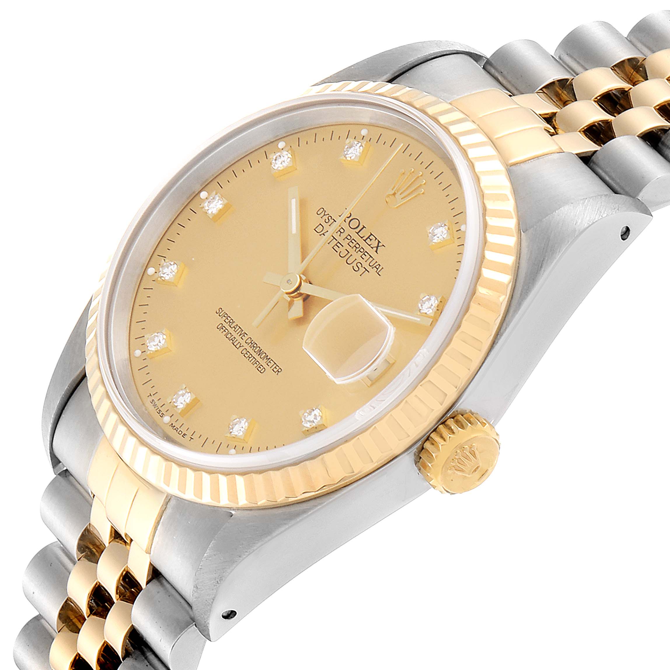 The Rolex Datejust 16233 Men
s Steel and Gold (two tone) Champagne Dial 16233 Men
s Steel and Gold (two tone) Champagne Dial watch is shown at an angled close-up view, highlighting the dial, fluted bezel, crown, and part of the bracelet.