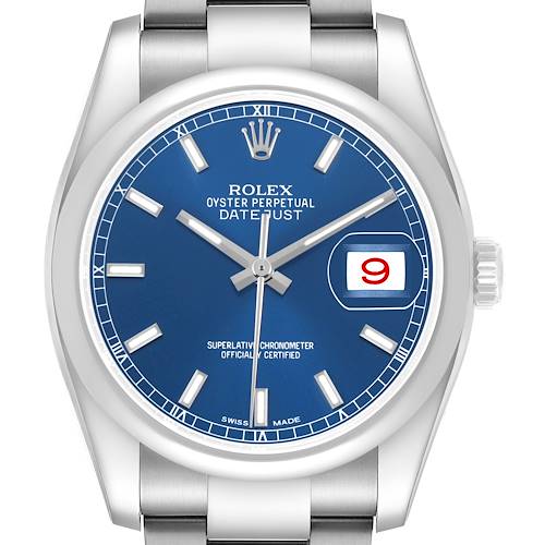 The Rolex Datejust 116200 Men's Stainless Steel Blue Dial watch is shown from a front angle, highlighting the blue dial and silver markers.