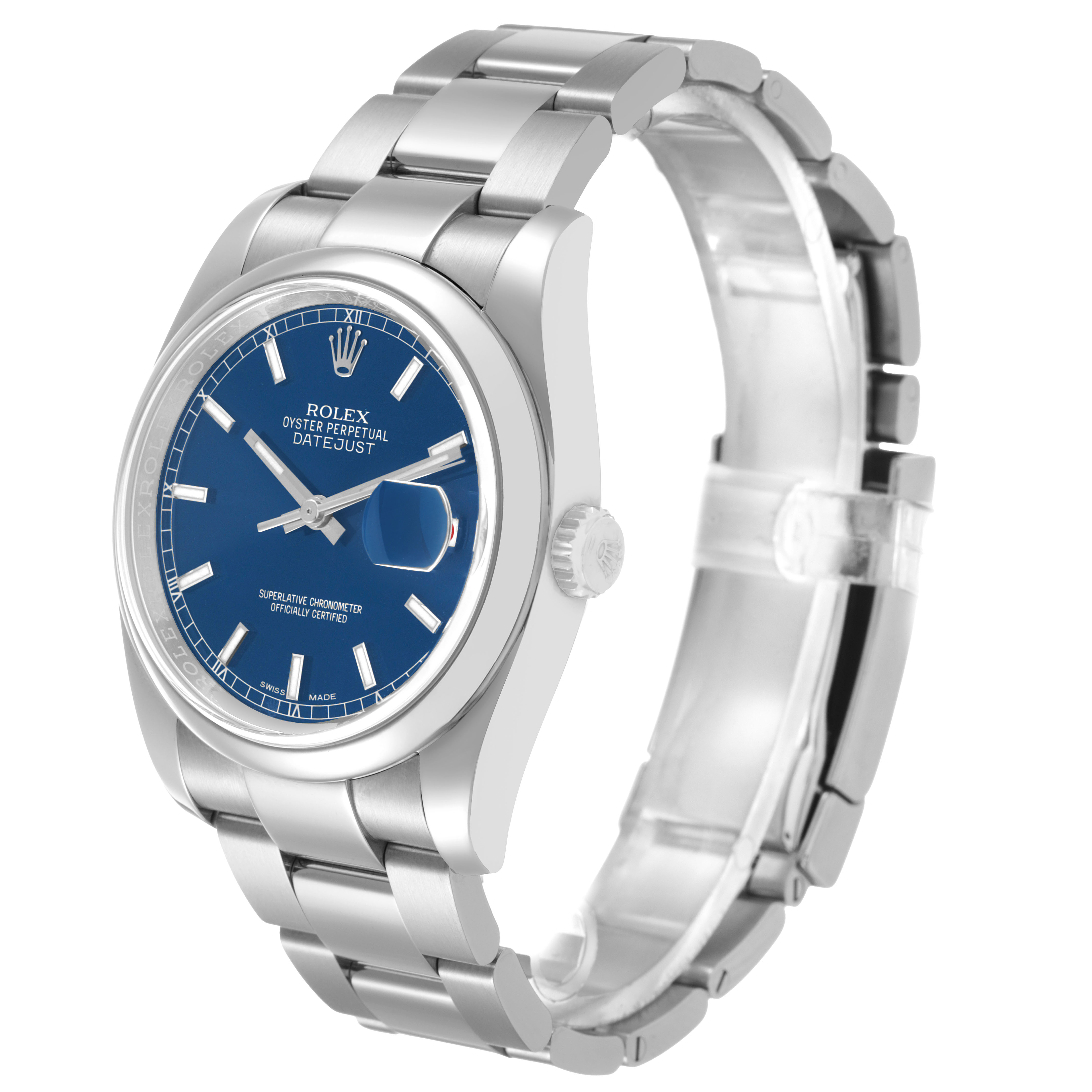 The Rolex Datejust 116200 Men's Stainless Steel Blue Dial watch is shown at a three-quarter angle highlighting its blue dial, bezel, case, and stainless steel bracelet.