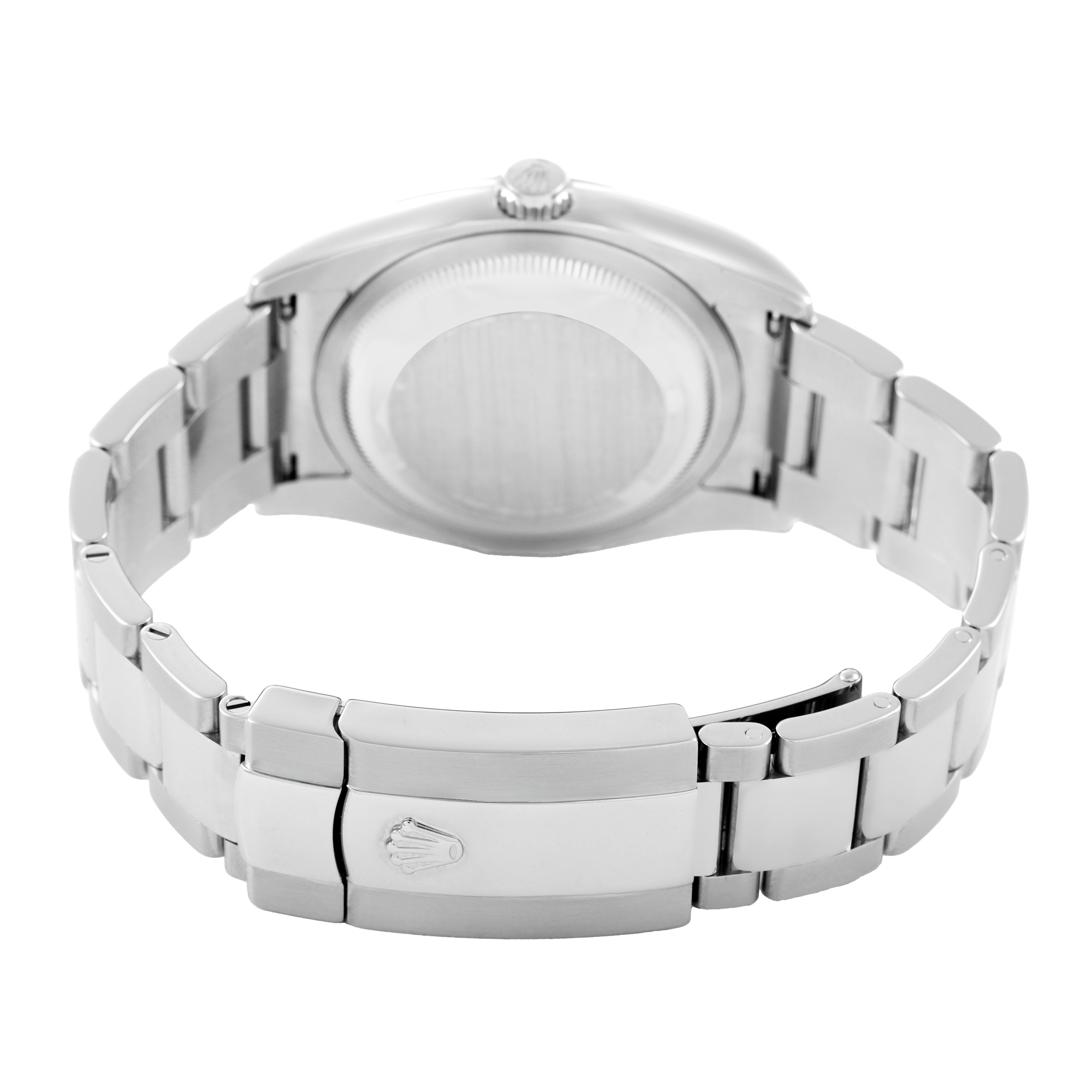 The image shows the backside of the Rolex Datejust 116200 Men's Stainless Steel Blue Dial watch, highlighting the clasp and bracelet.