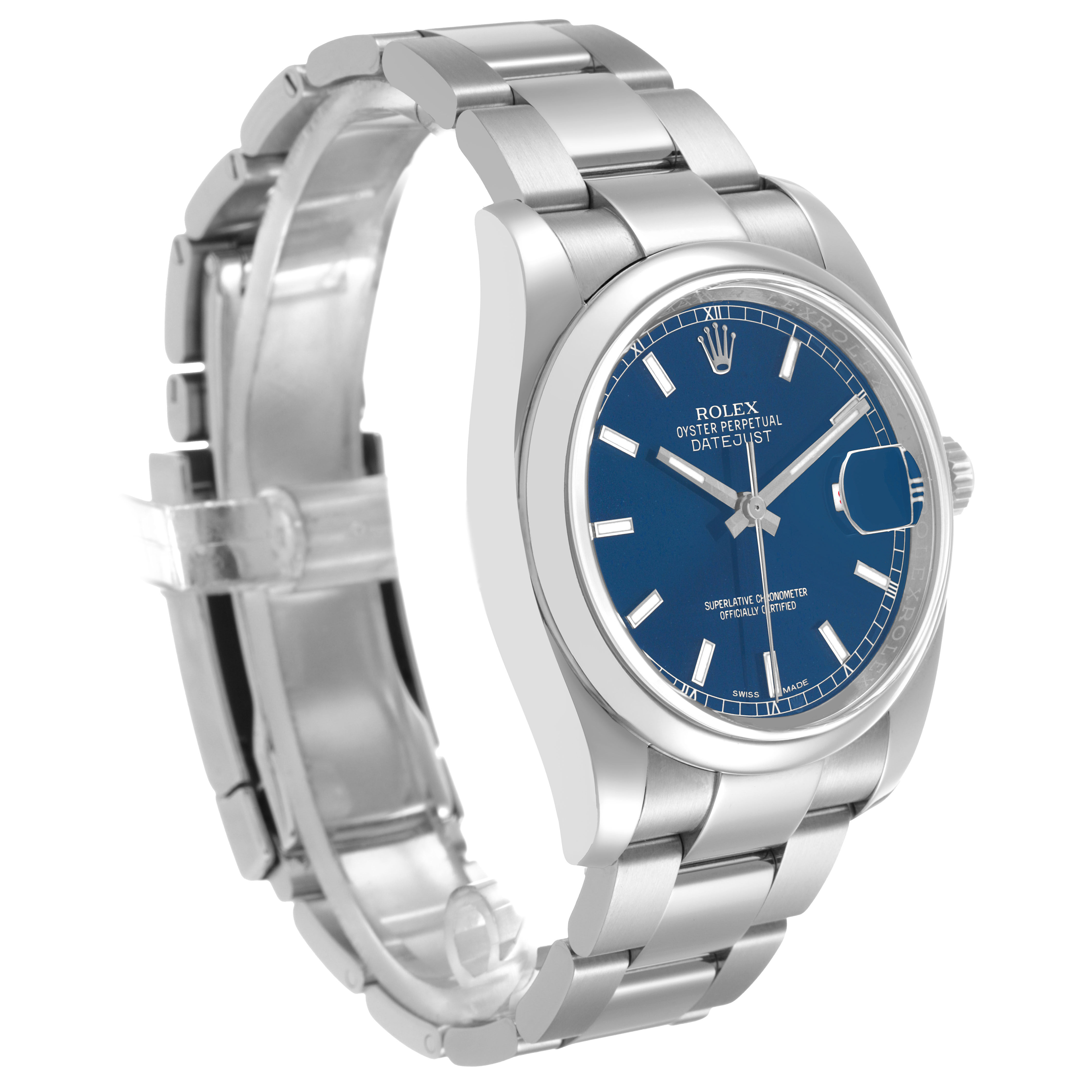 The Rolex Datejust 116200 Men's Stainless Steel Blue Dial watch is shown at a three-quarter front angle, displaying the face, bezel, bracelet, and crown.