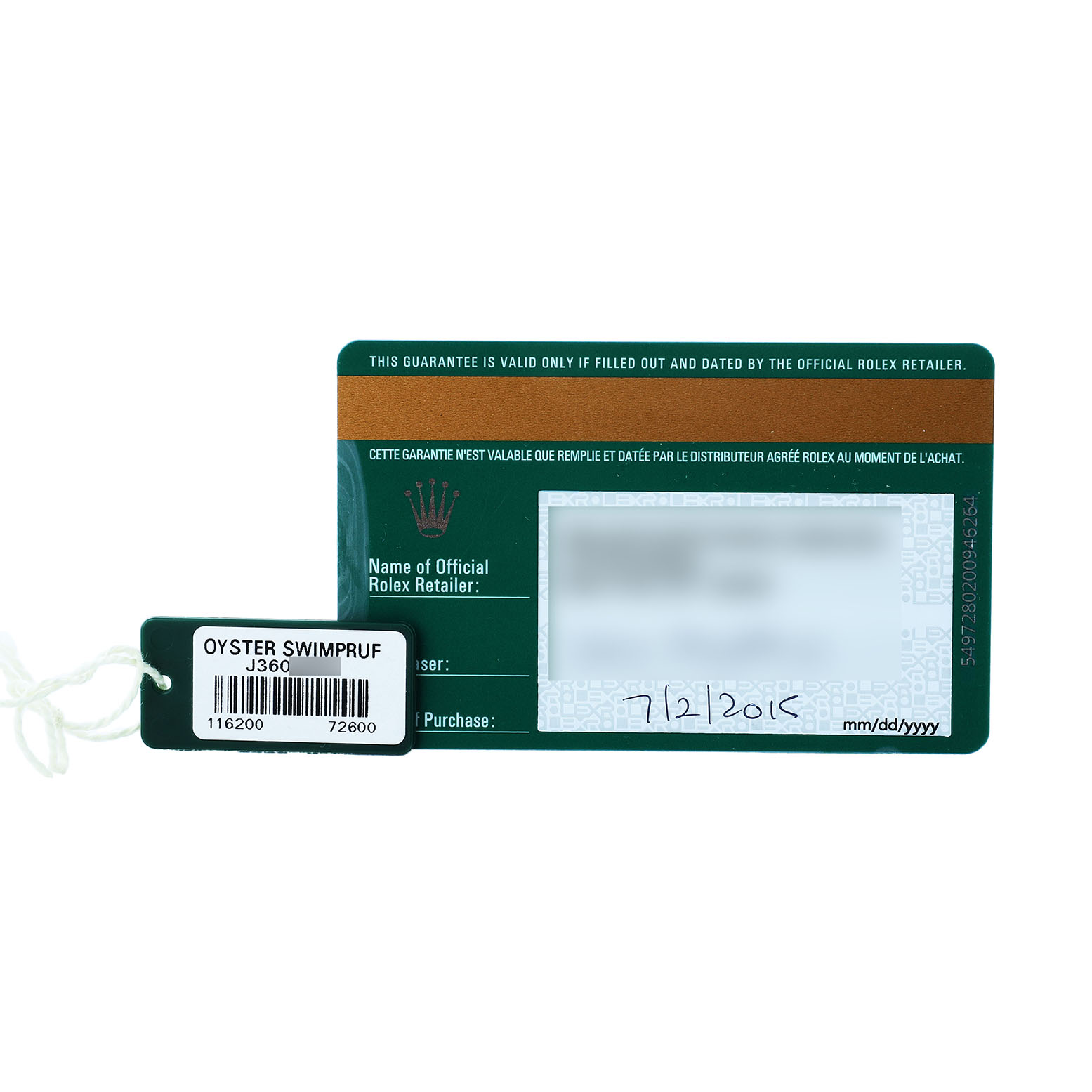 This image shows a warranty card and tag for a Rolex Datejust 116200 Men's Stainless Steel Blue Dial, displaying details like serial numbers and purchase date.
