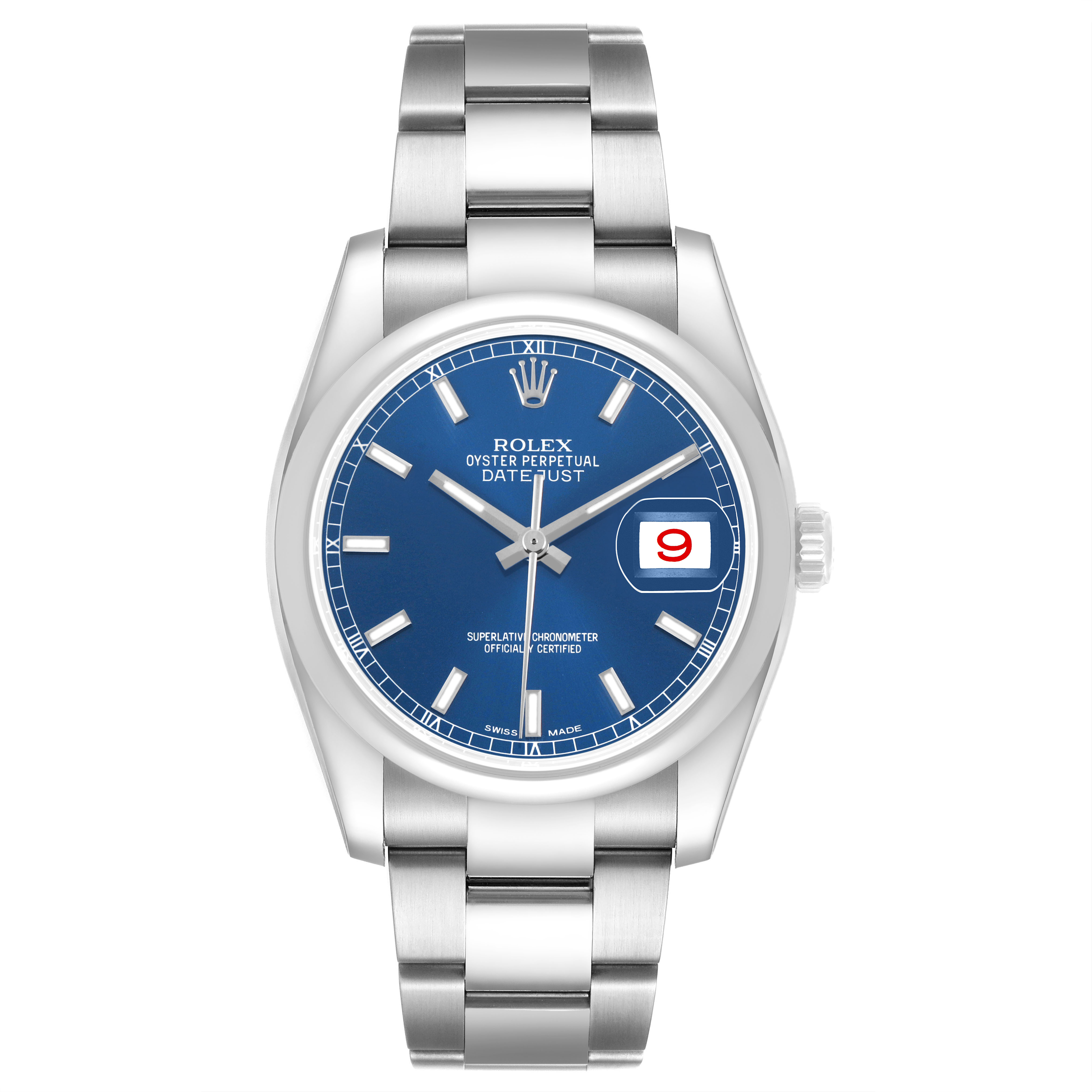 The Rolex Datejust 116200 Men's Stainless Steel Blue Dial watch is shown from a front angle, displaying the dial, bracelet, and date window.