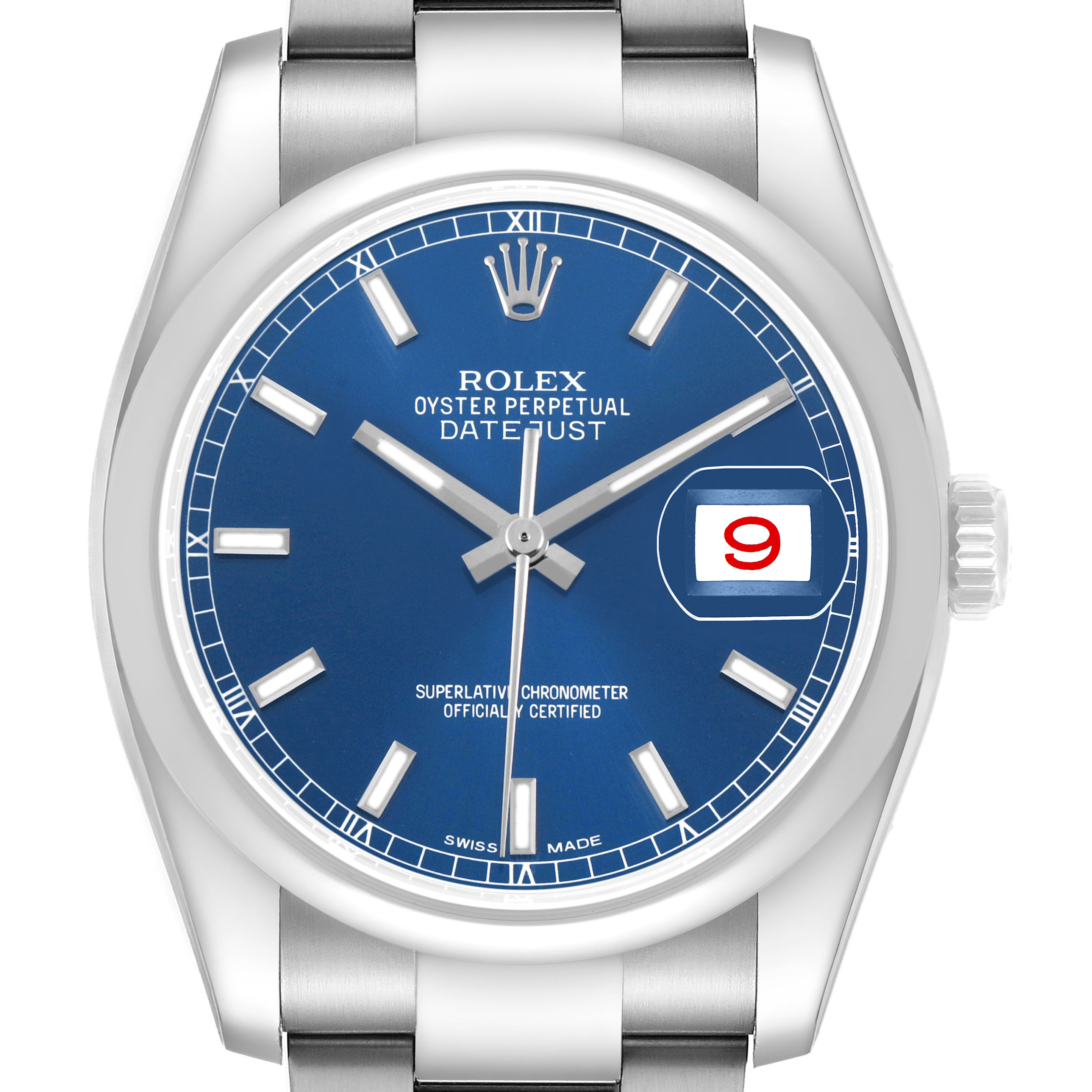 The image shows a front view of the Rolex Datejust 116200 Men's Stainless Steel Blue Dial, highlighting the blue dial, date window, and oyster bracelet.