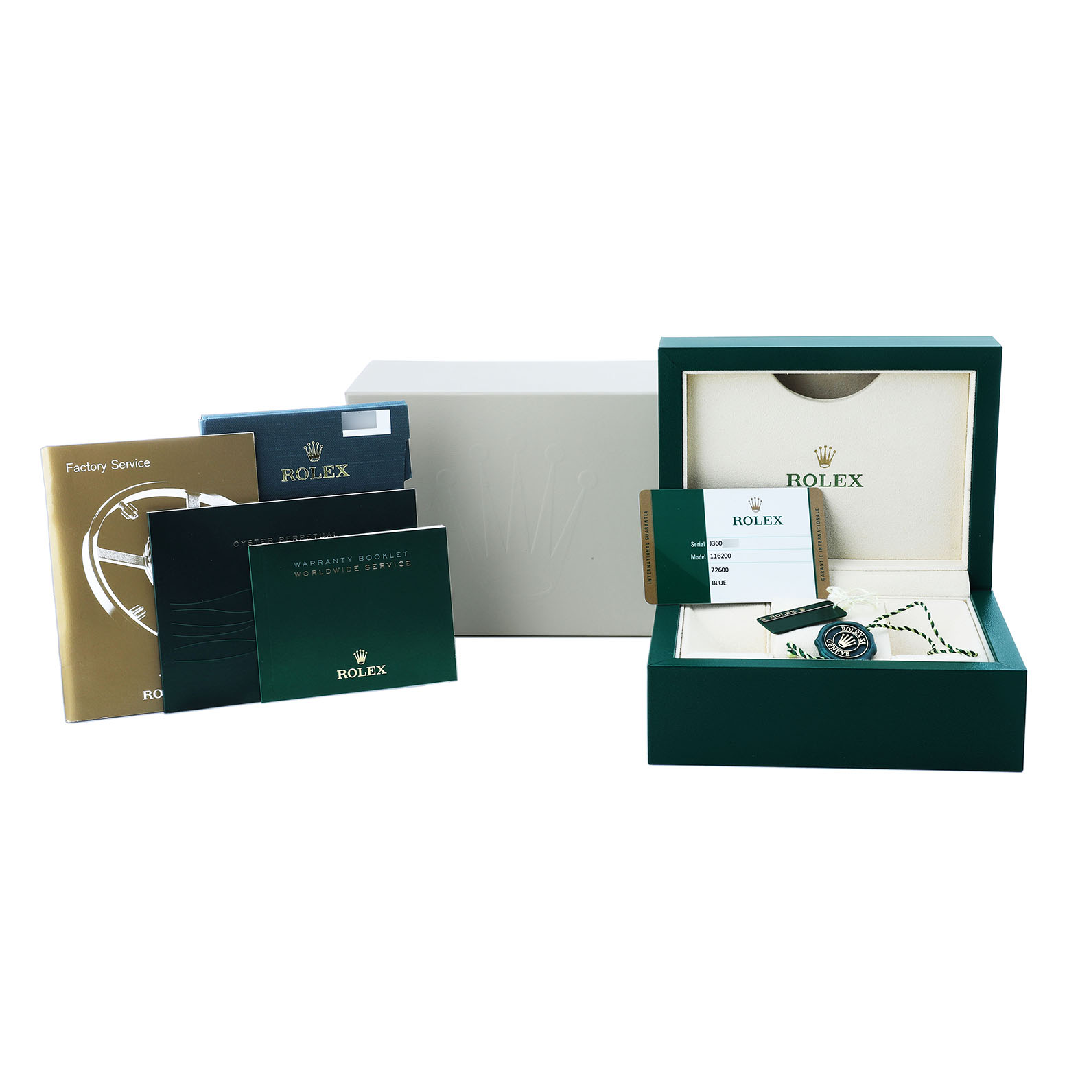 The image shows Rolex Datejust 116200 Men's Stainless Steel Blue Dial packaging, including the box, warranty card, booklets, and a tag.