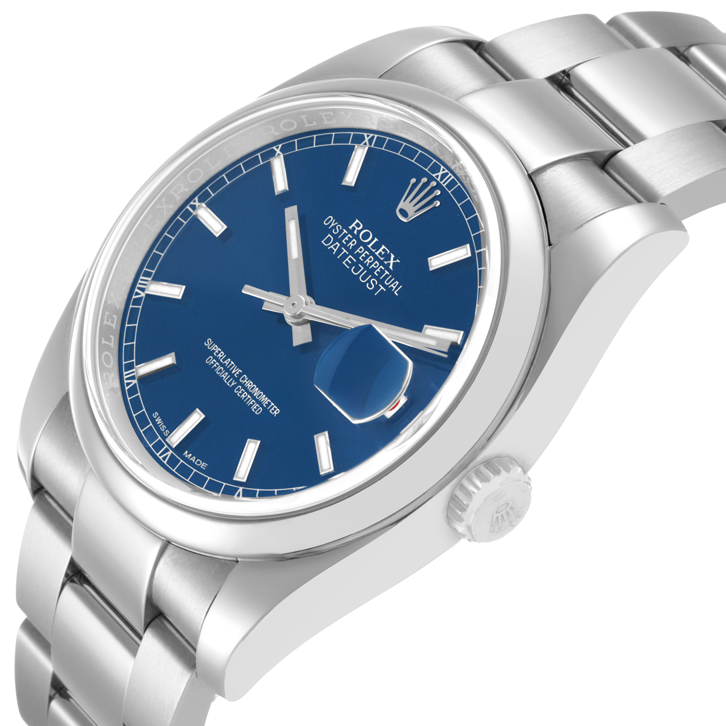 The Rolex Datejust 116200 Men's Stainless Steel Blue Dial watch is shown at a slight angle, displaying the blue dial, bracelet, crown, and side of the case.