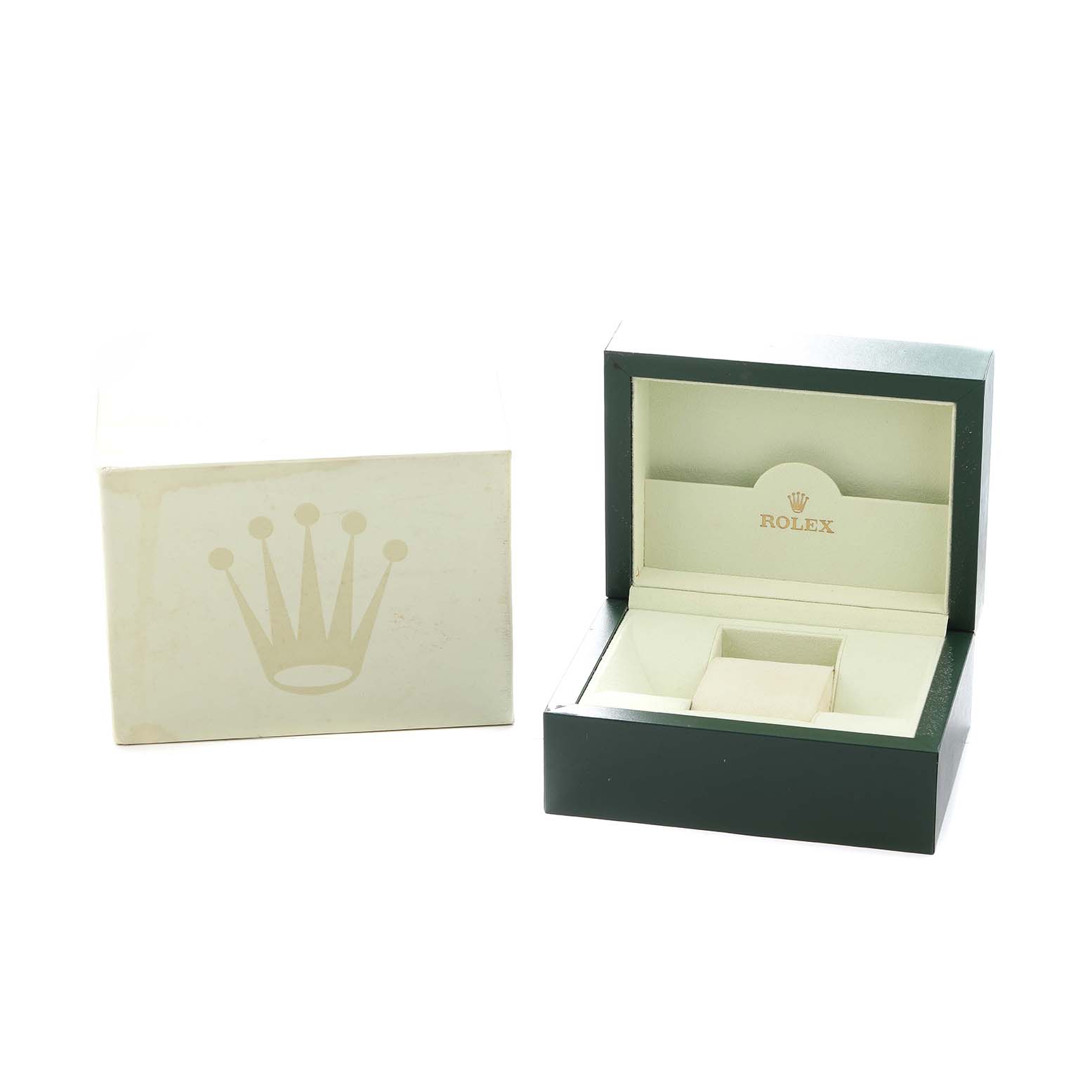 The image shows an open Rolex Datejust 179171 Women
s Steel and Gold (two tone) White Dial box and its outer box, displaying the brand
s iconic crown logo.